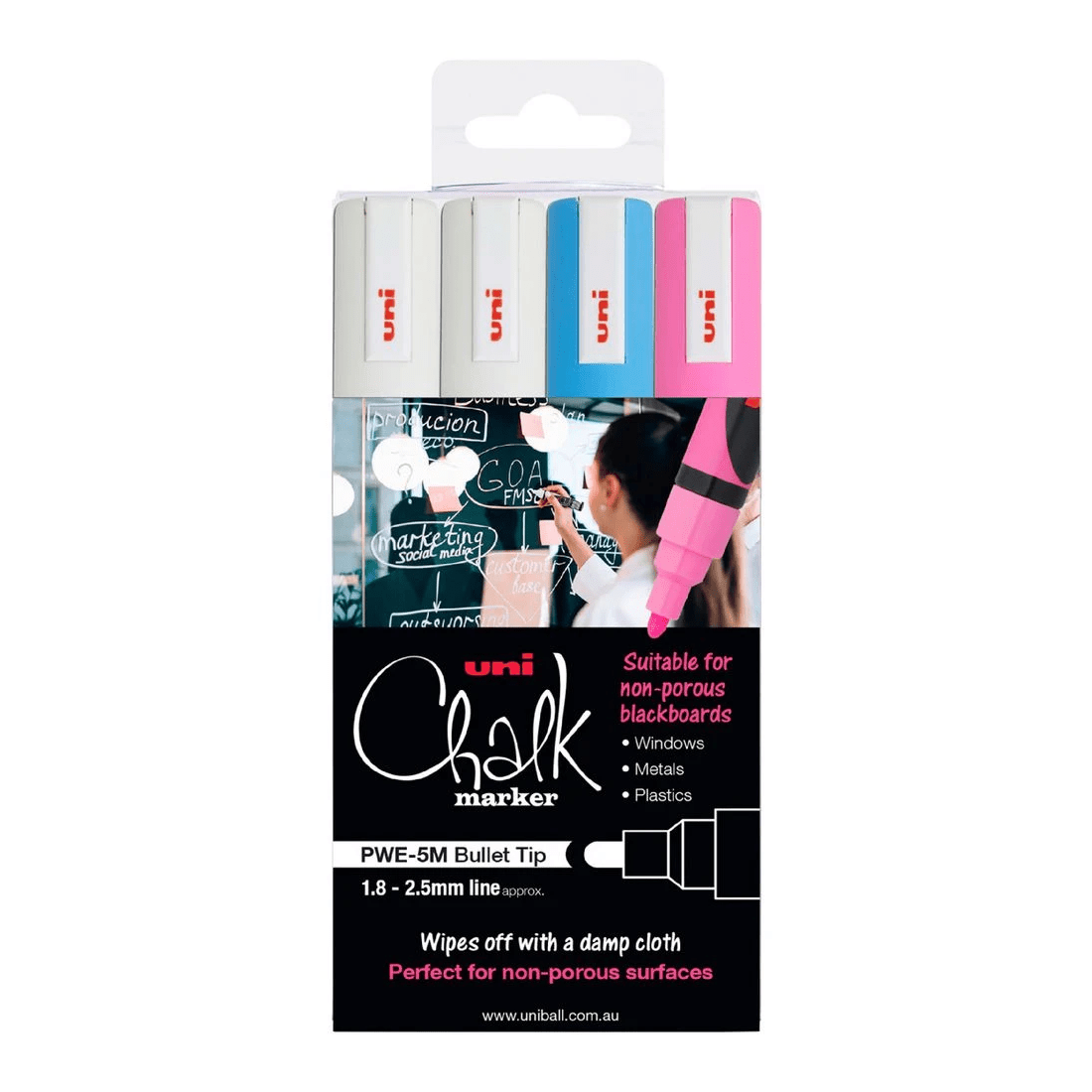 1 Uniball Bullet Liquid Chalk Markers White/Blue/Pink 4 Pack, 1 of 1