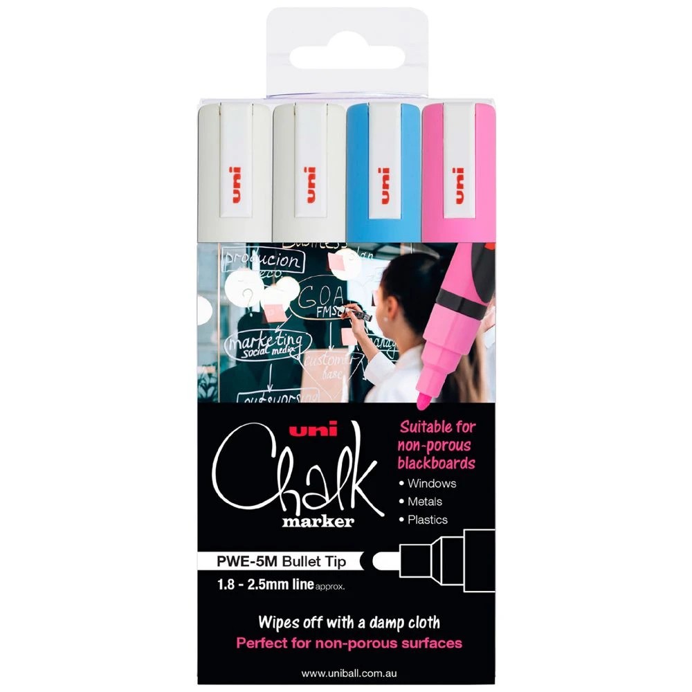1 Uniball Bullet Liquid Chalk Markers White/Blue/Pink 4 Pack, 1 of 1