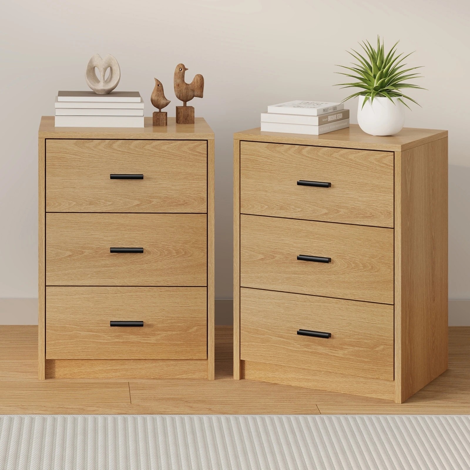 3 Oikiture 2x Bedside Table 3 Drawers Nightstand Bedroom Storage Side End - Natural, 3 of 9