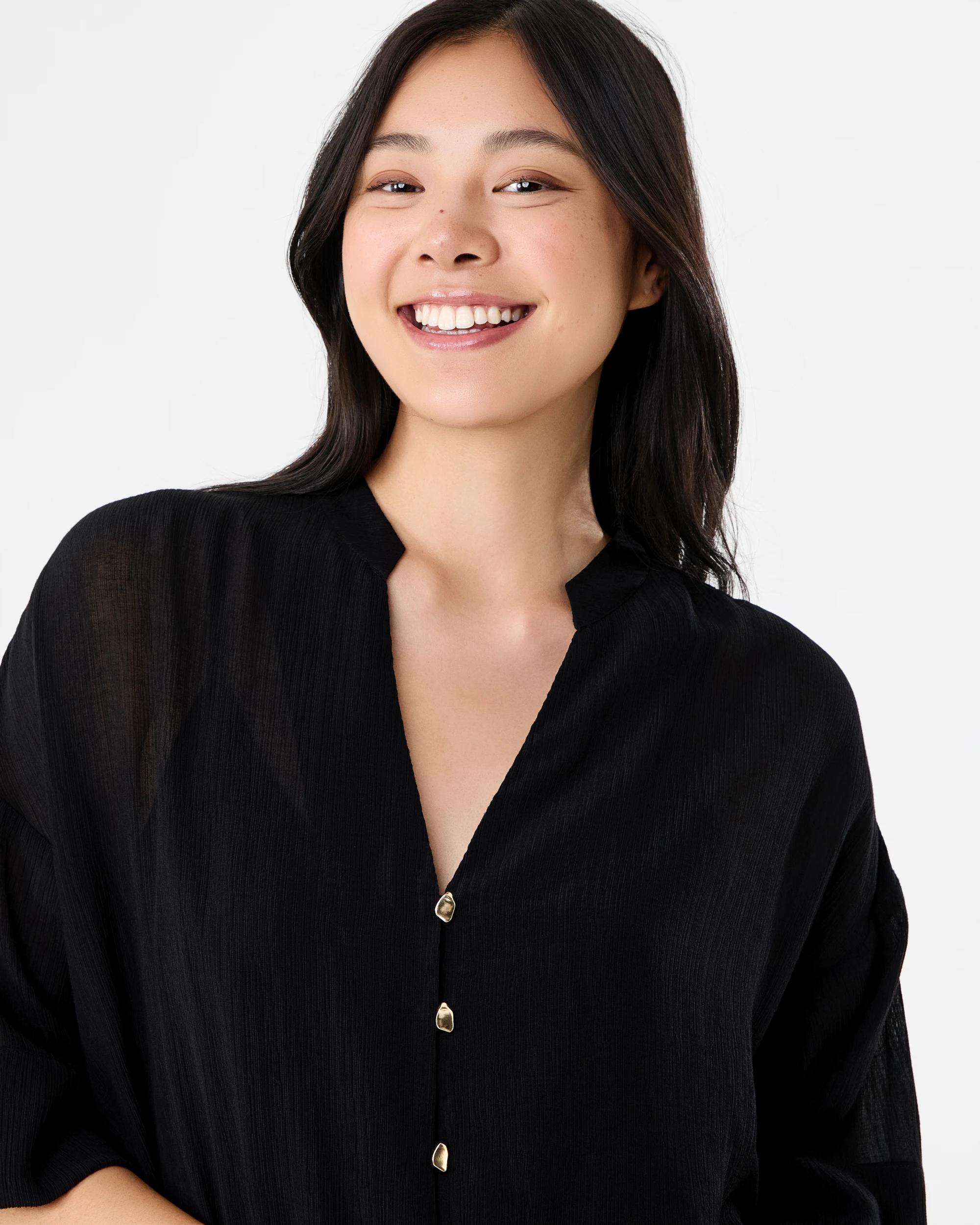 4 Short Sleeve Dolman Button Detail Shirt Black, 4 of 6