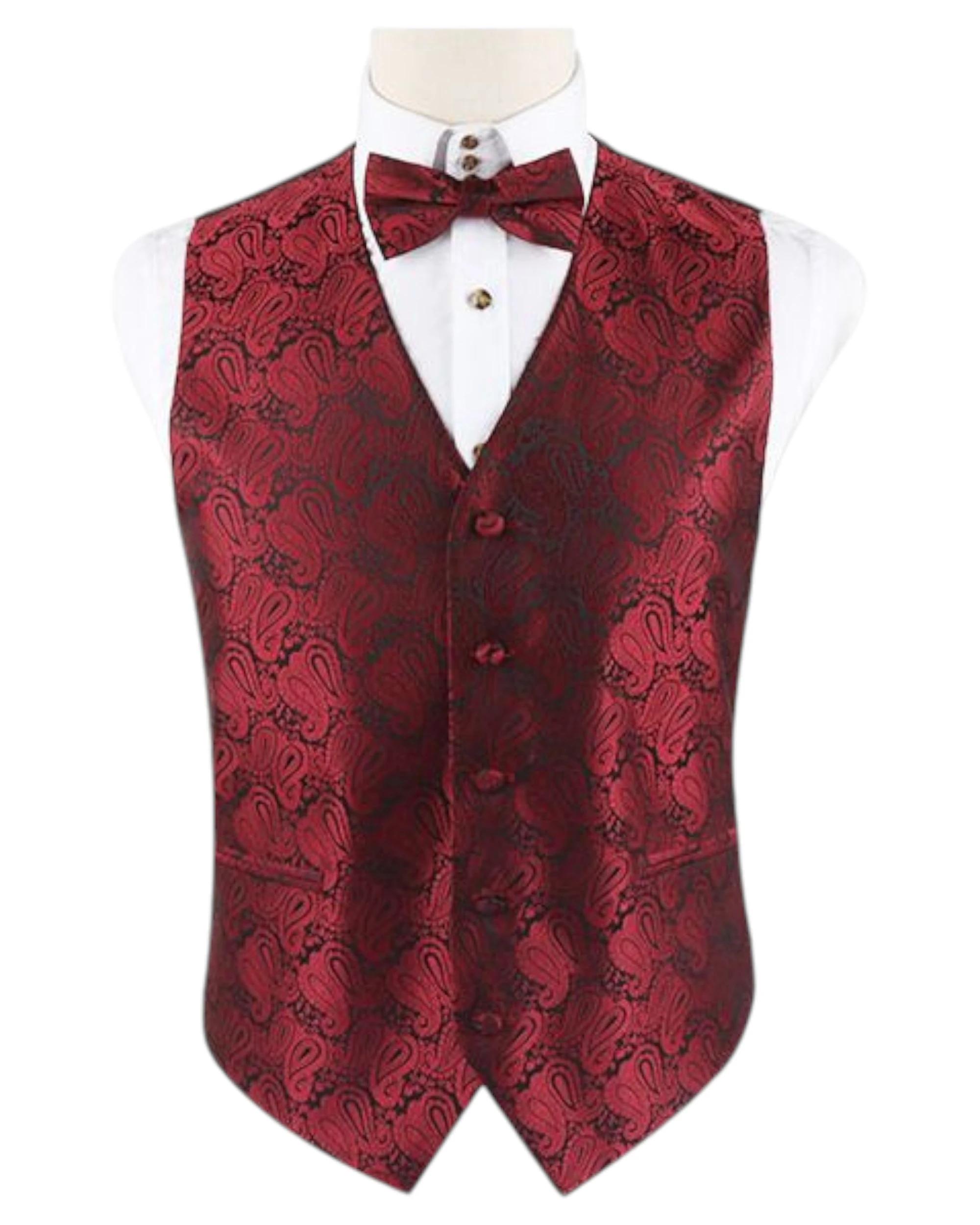 1 Zasel Mens Boho Paisley Patterned Vest Waistcoat & Matching Bow Tie DARK RED, 1 of 1