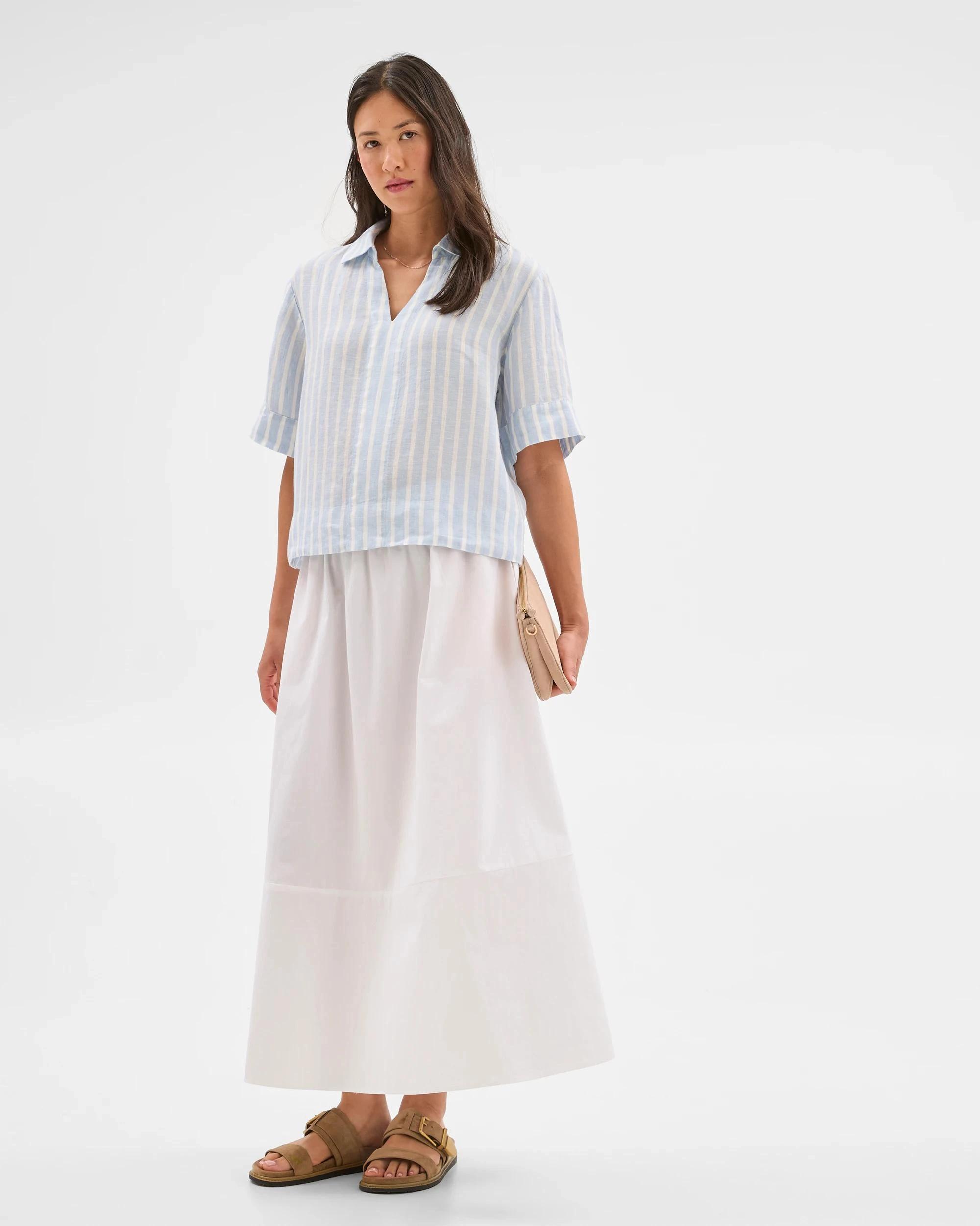 1 Target Woman European Linen Popover Top BLUE / WHITE STRIPE, 1 of 6