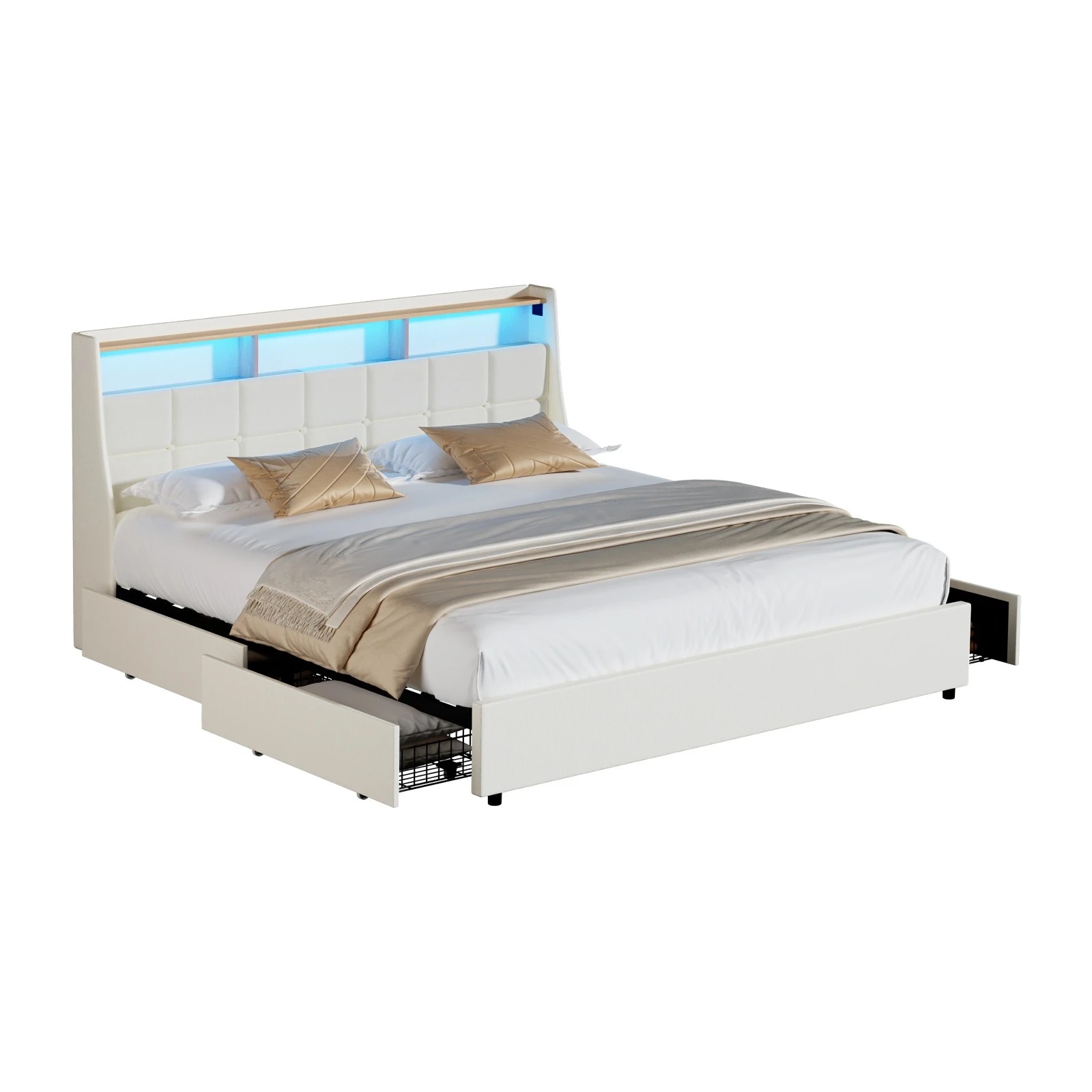 1 Oikiture King Size Bed Frame Headboard RGB Lights with Drawer USB Charge - Beige, 1 of 6