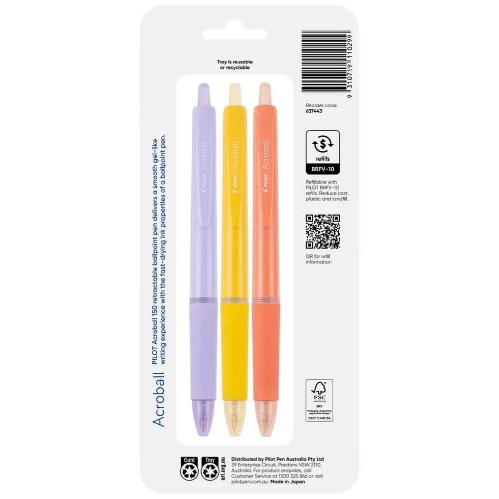2 PILOT Acroball 150 Ballpoint Pens 0.5mm Pastel Assorted 3 Pk, 2 of 8