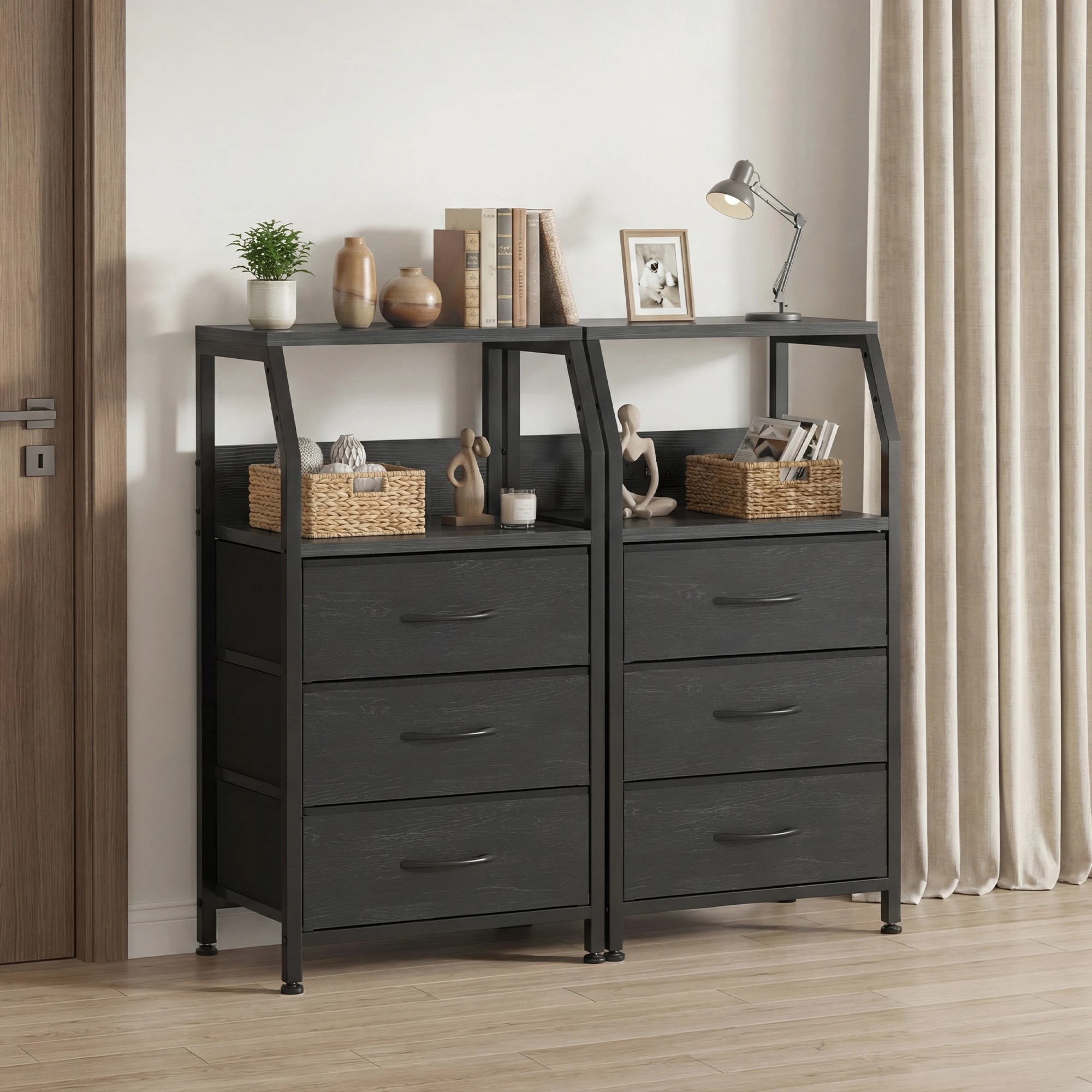 7 Advwin Set of 2 Bedside Table with Charging Station 3 Fabric Drawers Nightstand - Black, 7 of 9