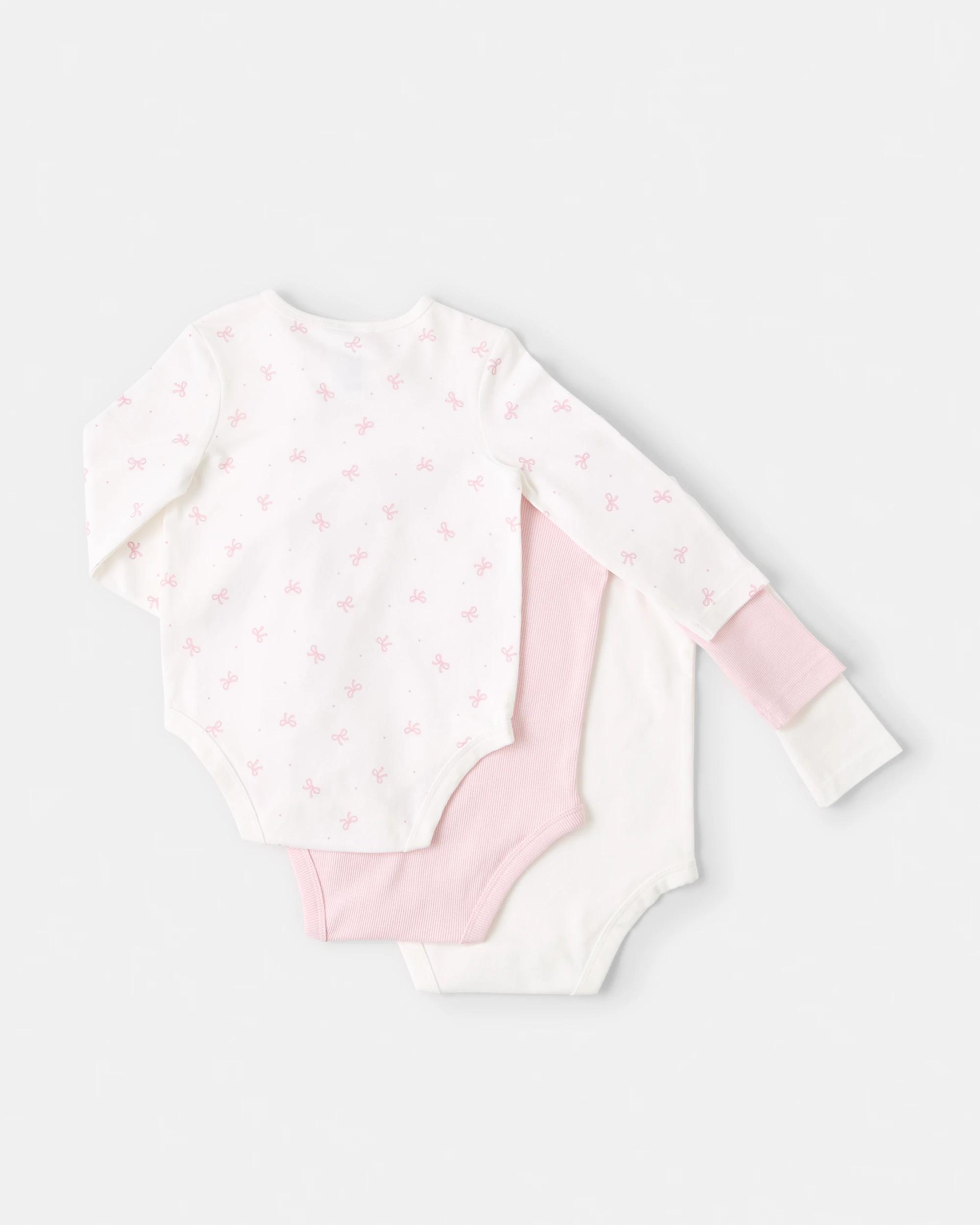 2 3 Pack Cotton Long Sleeve Bodysuits Pink Bows, 2 of 8