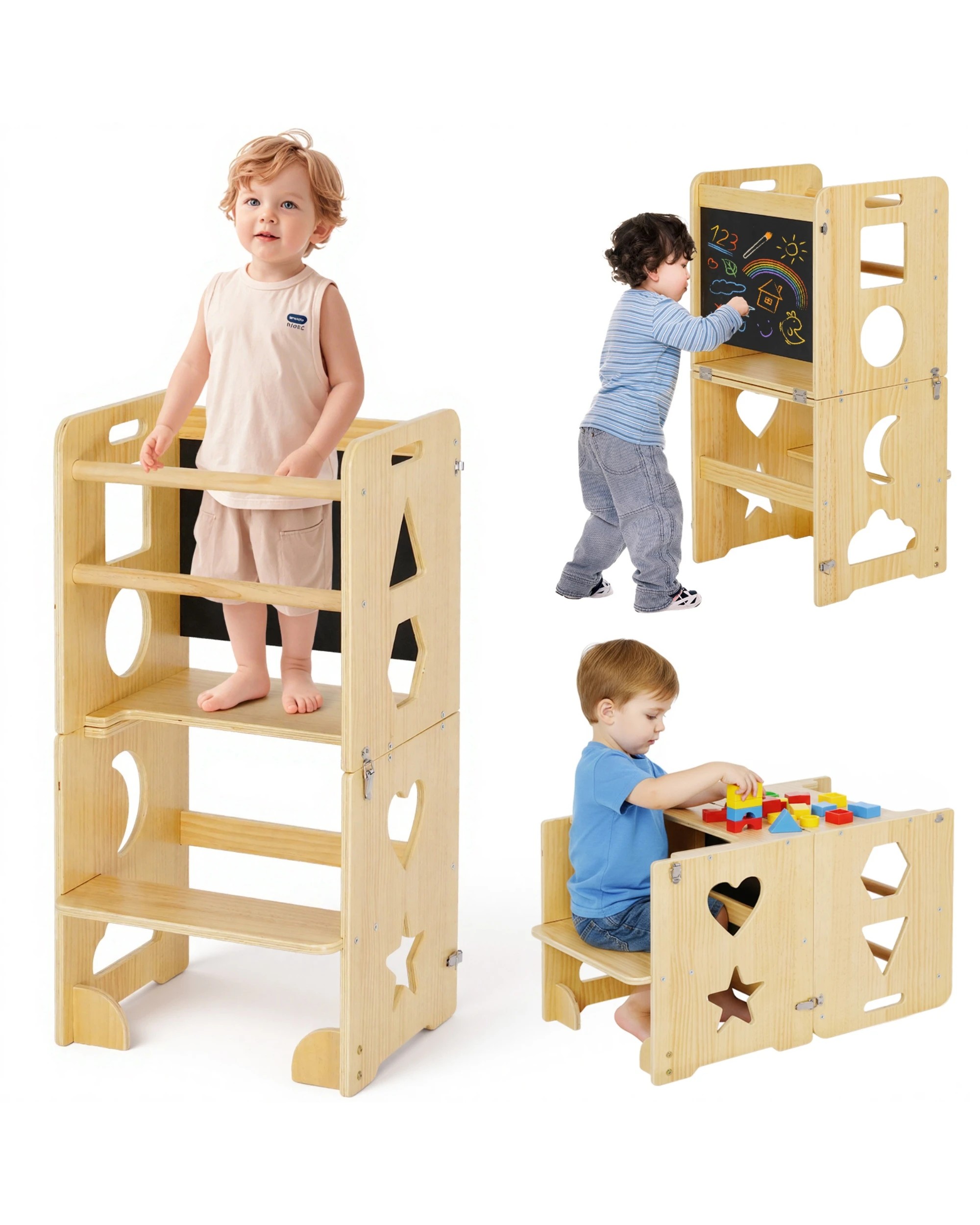 1 Advwin 3-in-1 Toddler Kitchen Step Stool Foldable Learning Tower Wooden, 1 of 10