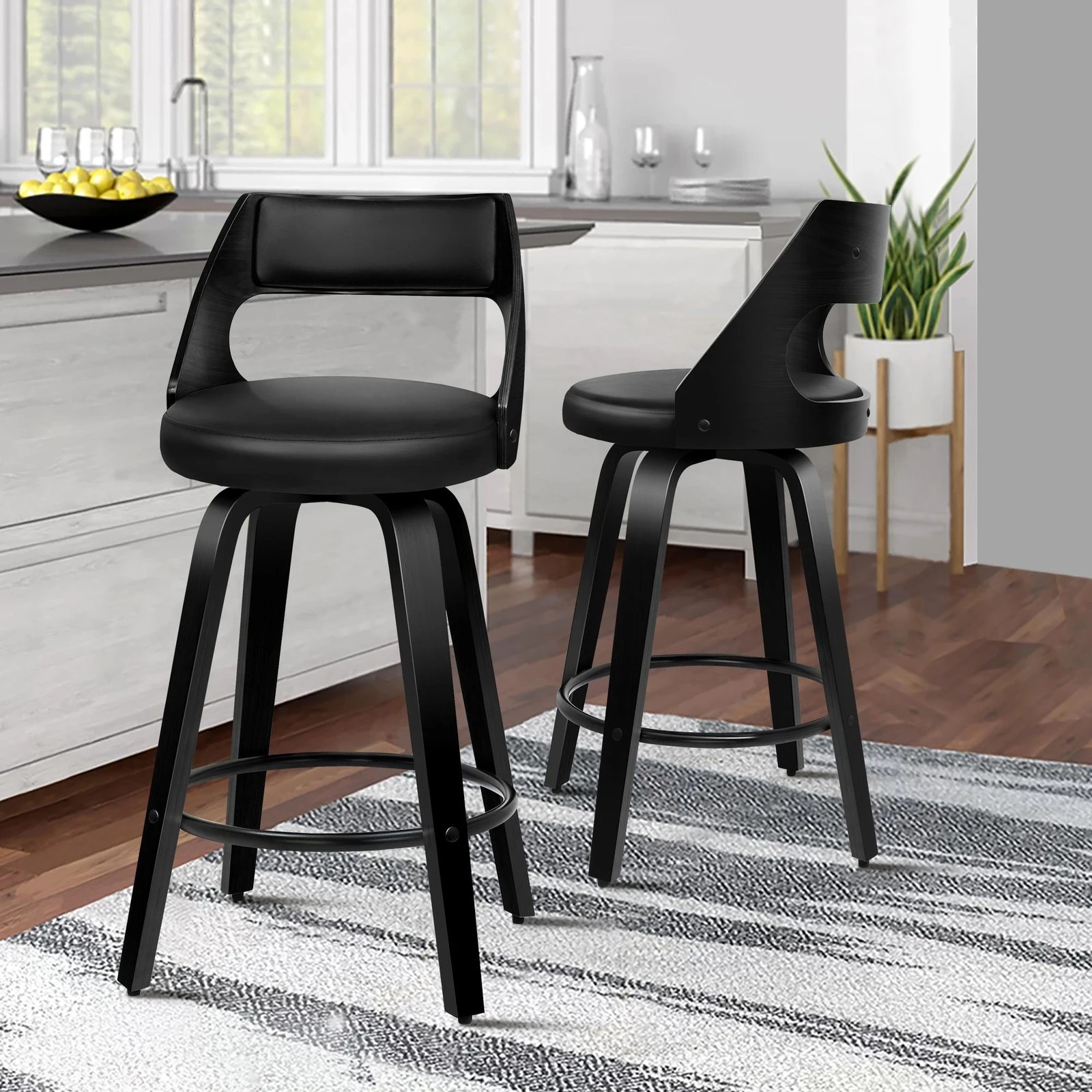 2 Alfordson 4x Swivel Bar Stools Eden Kitchen Wooden Dining Chair - Black, 2 of 9