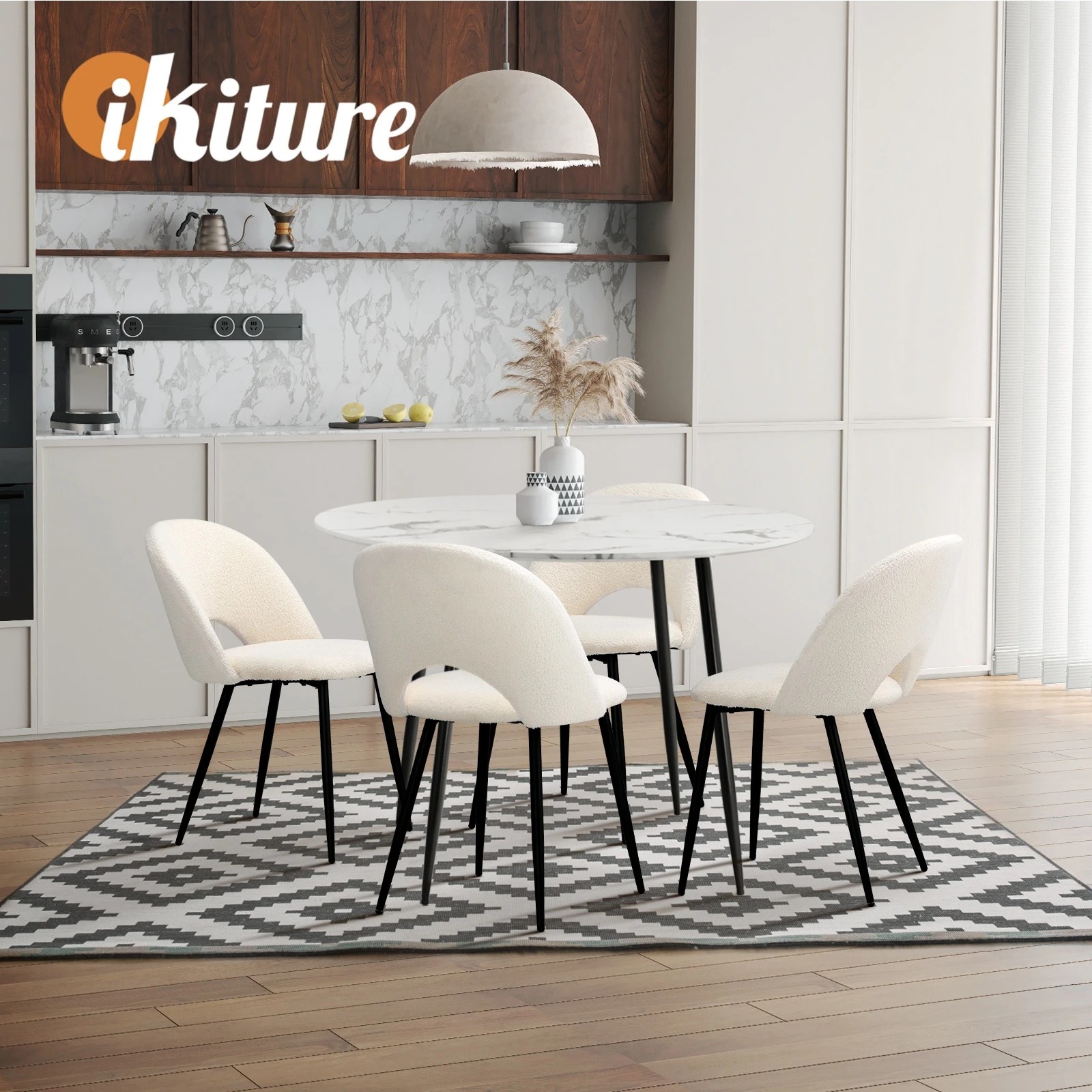 10 Oikiture 110cm Round Dining Table With 4pcs Dining Chairs White Sherpa
 - Multi, 10 of 10