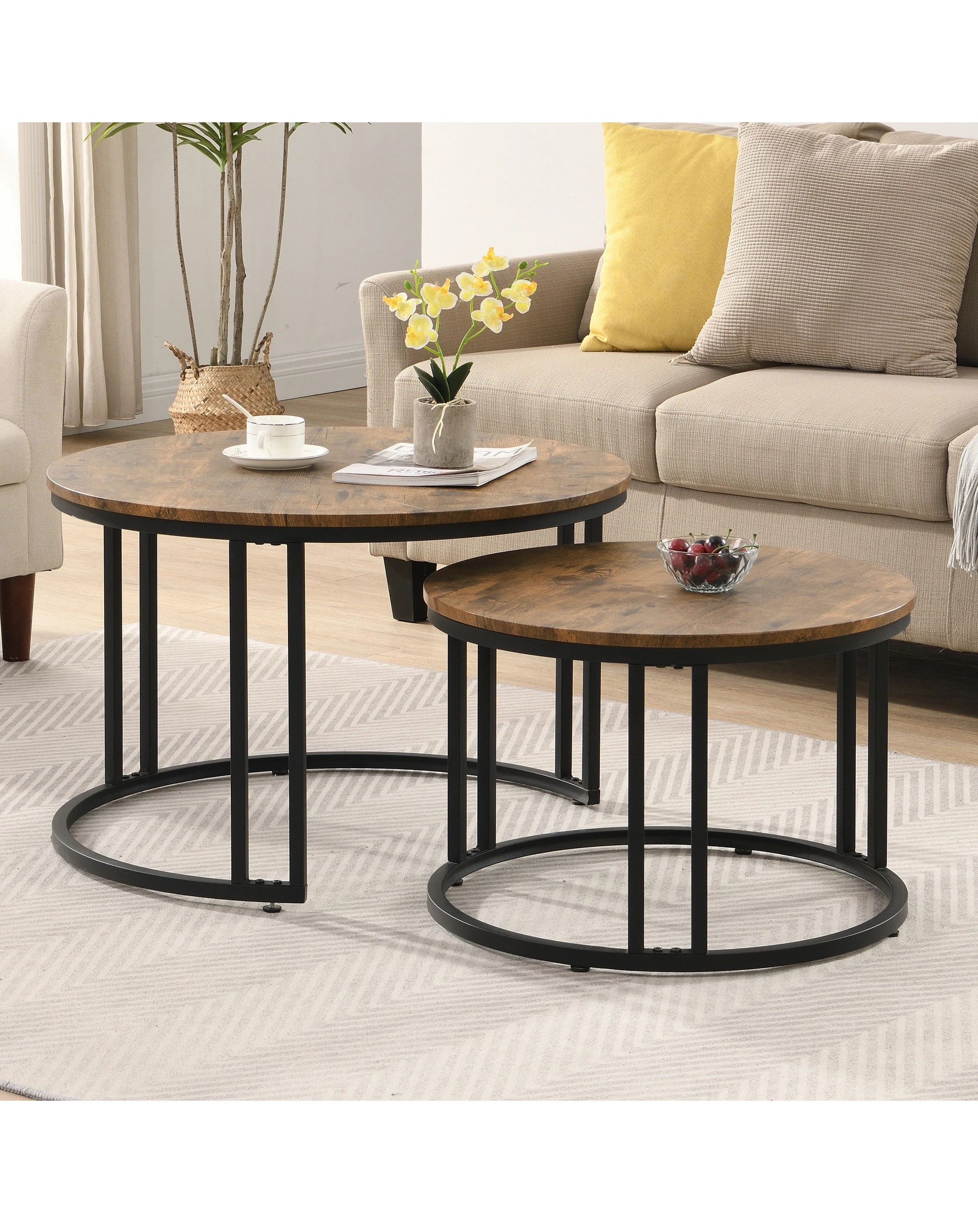 2 IHOMDEC Round Metal and Wooden Nesting Coffee table - Brown, 2 of 9