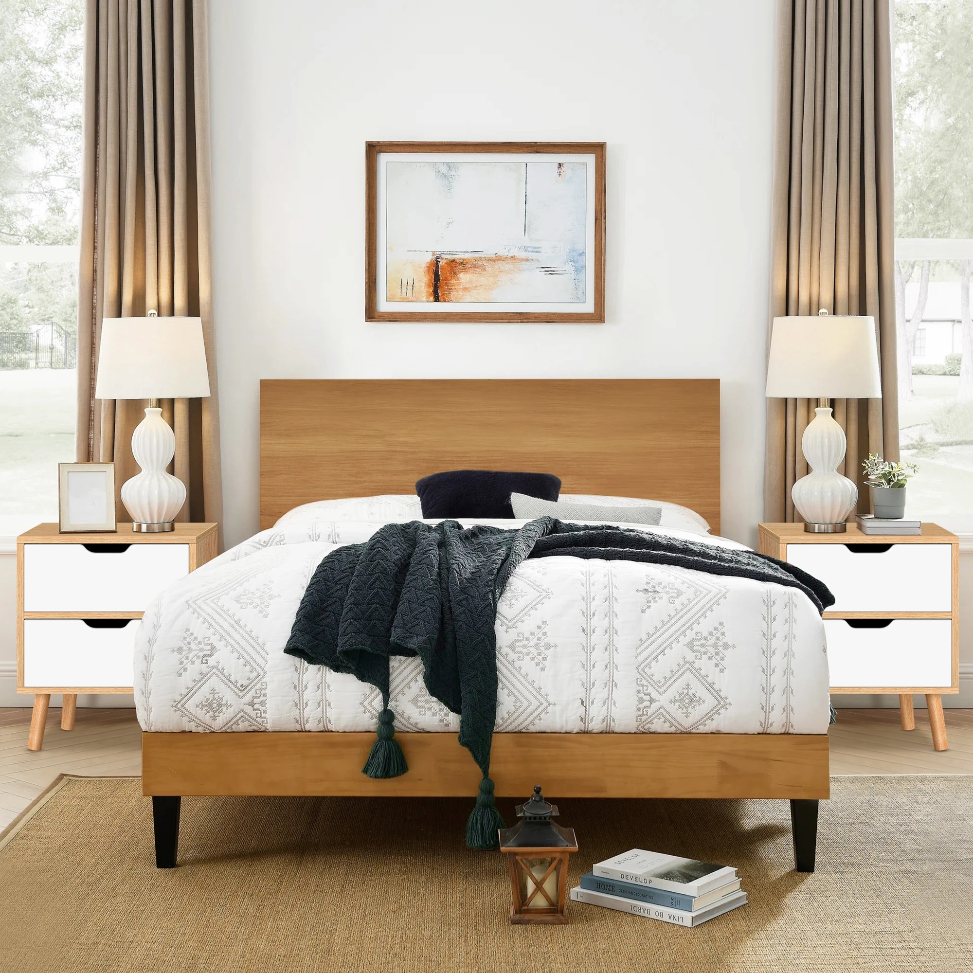 3 Alfordson Bedside Table Nightstand Side End Table 2 Storage Drawers - Oak, 3 of 10