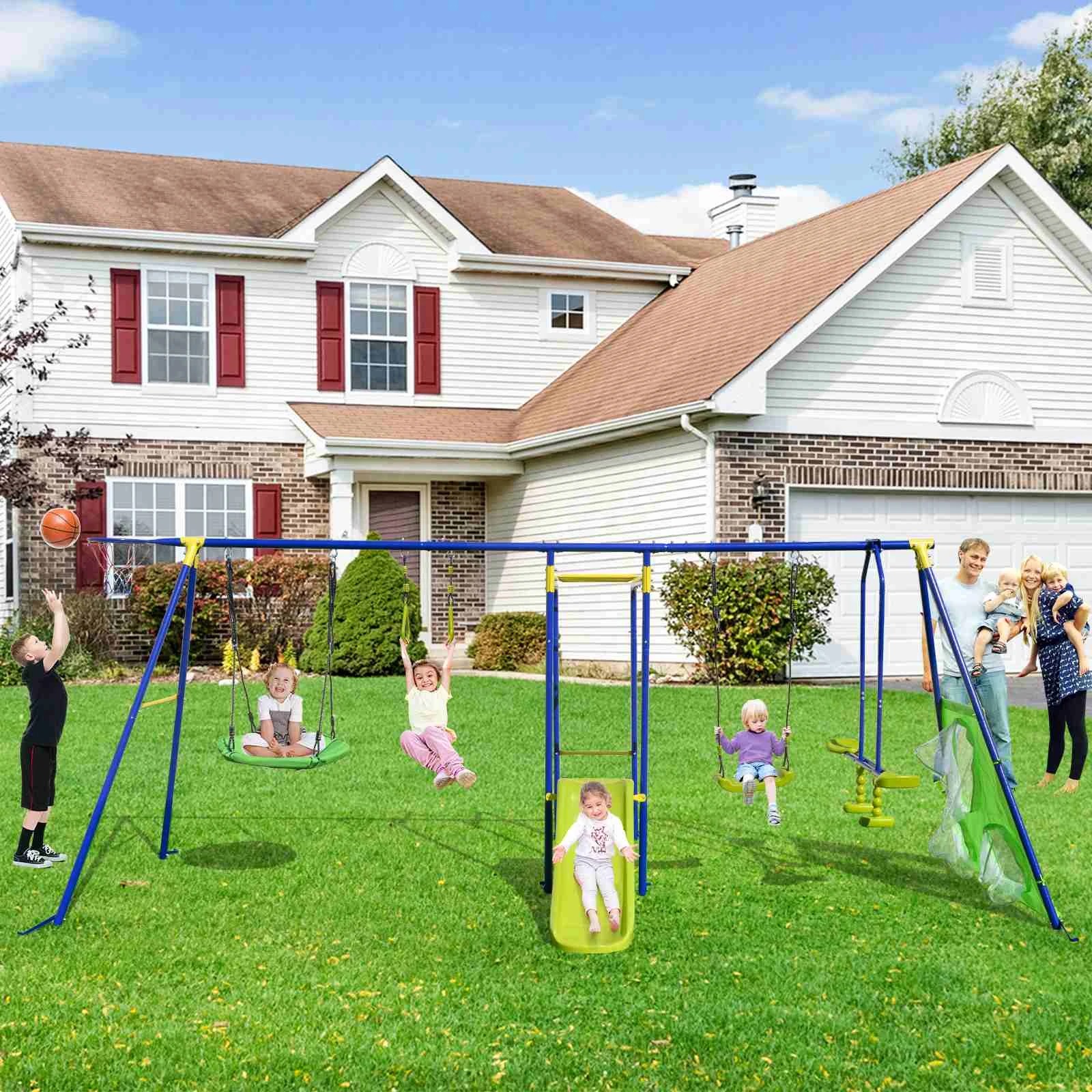 2 Costway 8-in-1 Outdoor Swing Set Metal Frame Swing Stand 300KG - Blue, 2 of 2
