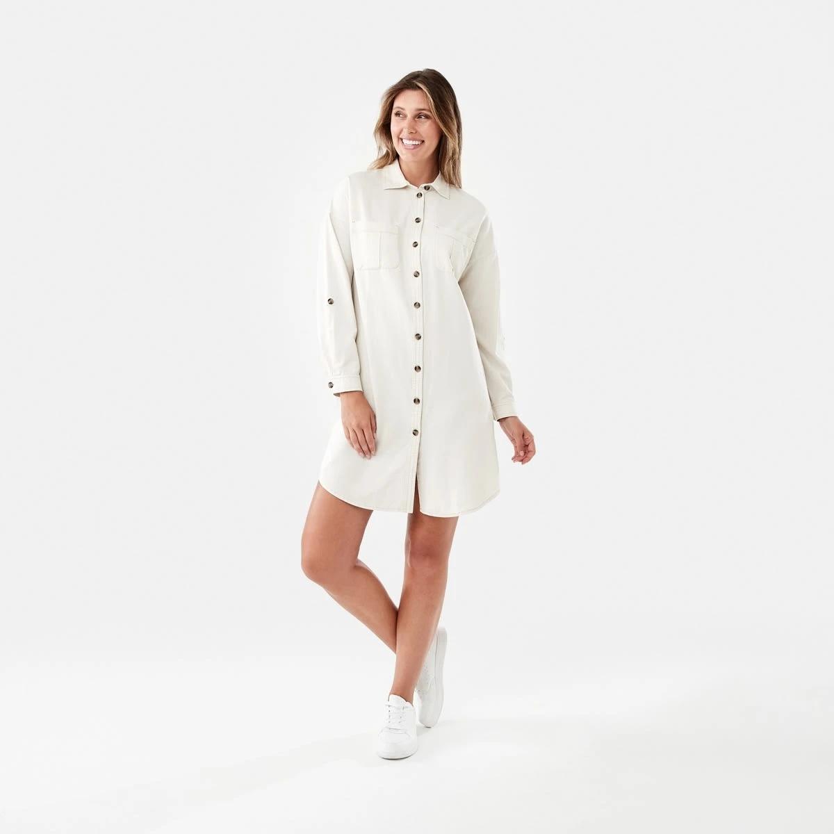 9 Long Sleeve Shift Shirt Mini Dress Bge Cream, 9 of 9
