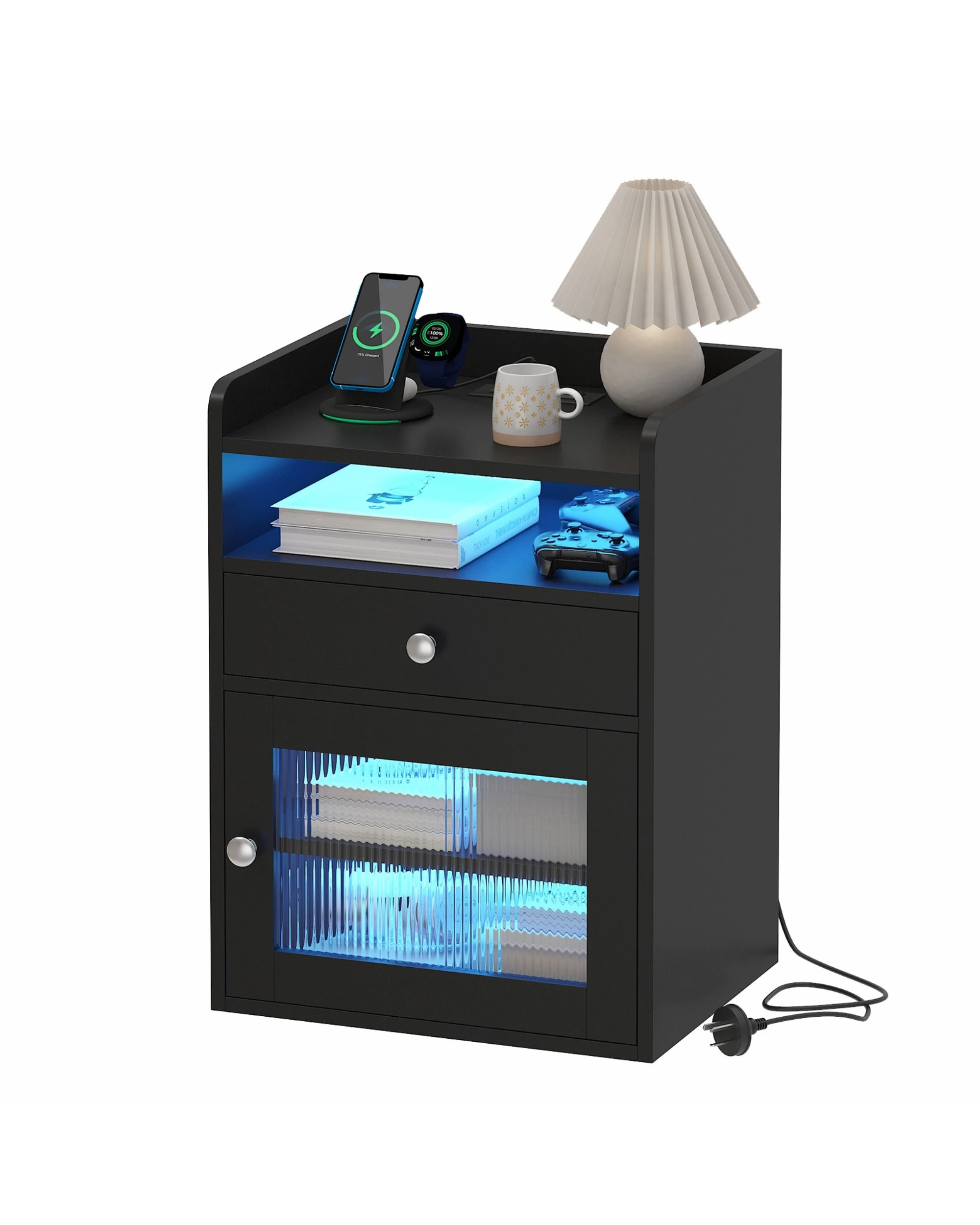 1 Advwin Bedside Table Acrylic Door With with Charging Station & LED Light - Black, 1 of 6