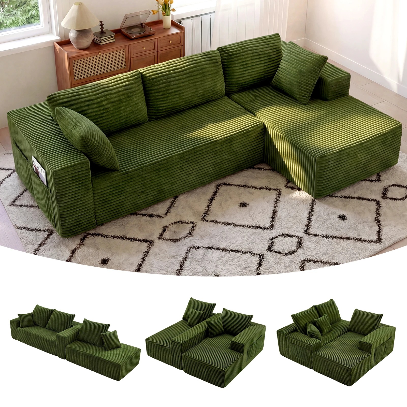 4 Advwin 277cm L Shape Convertible Modular Sectional Couch - Green, 4 of 7