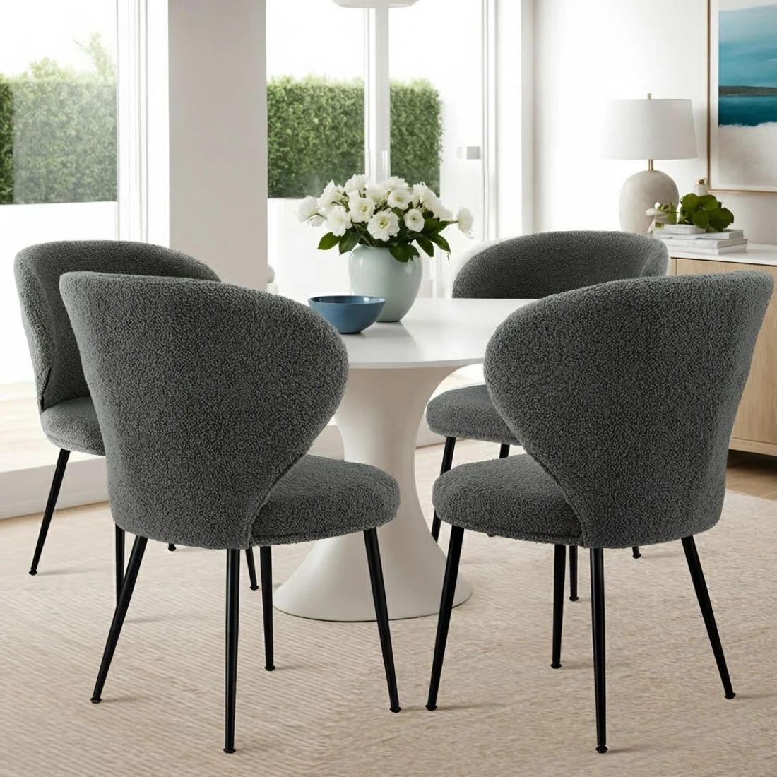 6 Artiss 4x Dining Chairs Sherpa Boucle Wing Back - Grey, 6 of 6