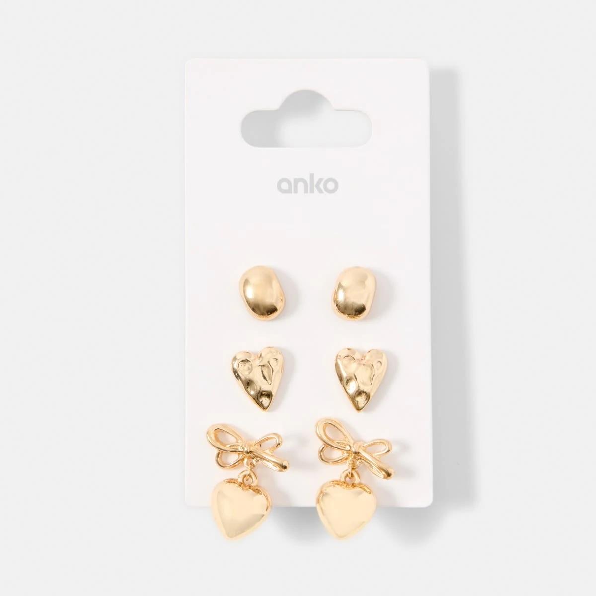 5 3 Pack Heart Bow Stud Earrings - Gold Tone Gold, 5 of 5