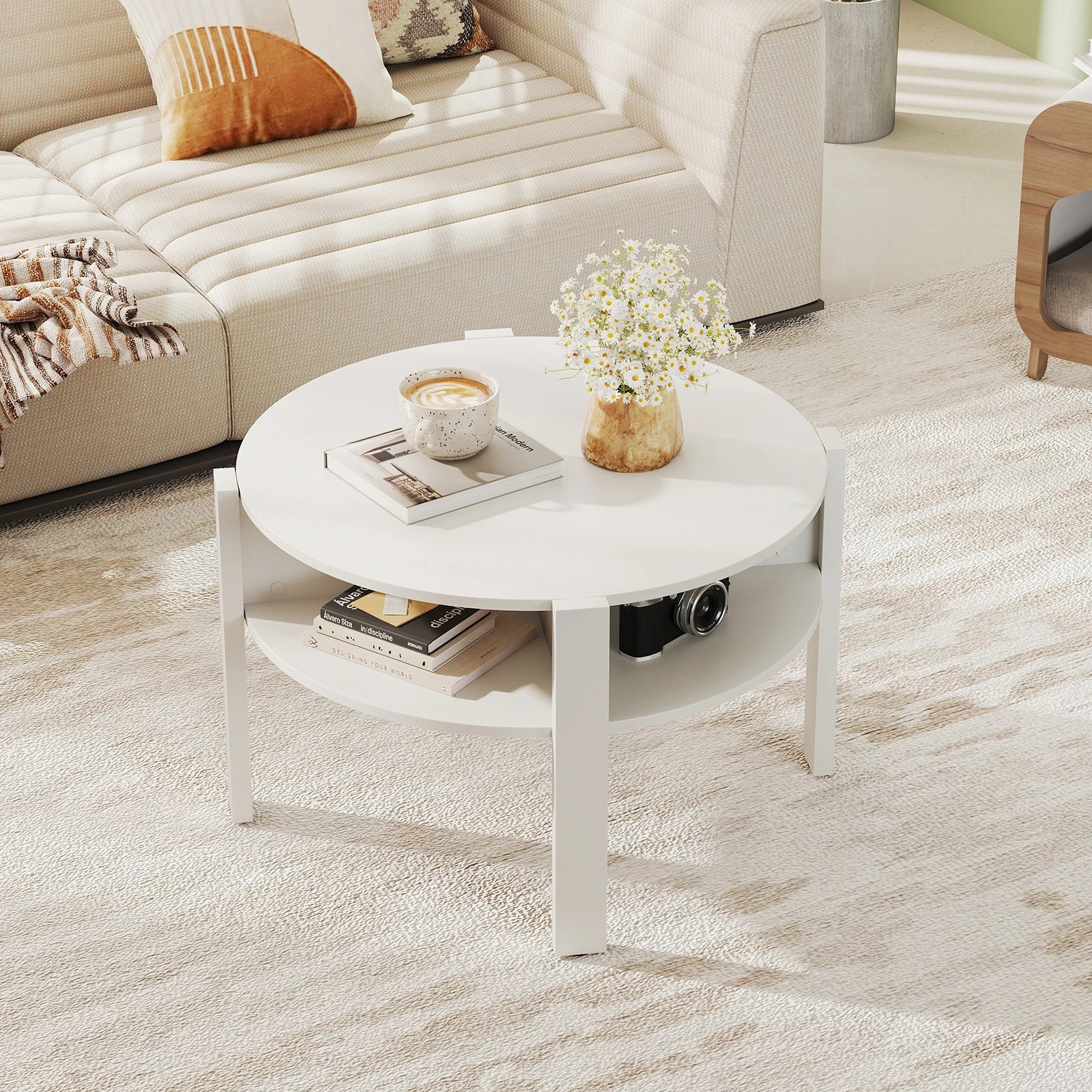 4 Costway 2-Tier Round Coffee Table w/Faux Wooden Top Tea Cocktail Table - White, 4 of 7