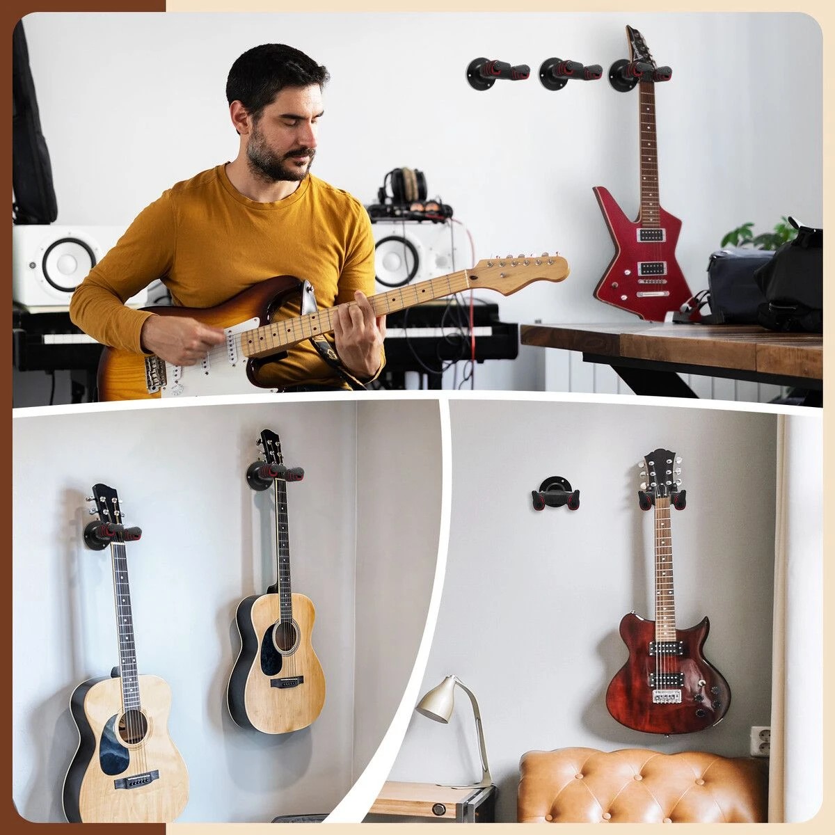 2 AUSWAY Guitar Wall Mount Holder Ukulele Hanger Mandolin Musical String Instrument Display Hanging Hook System Black, 2 of 5