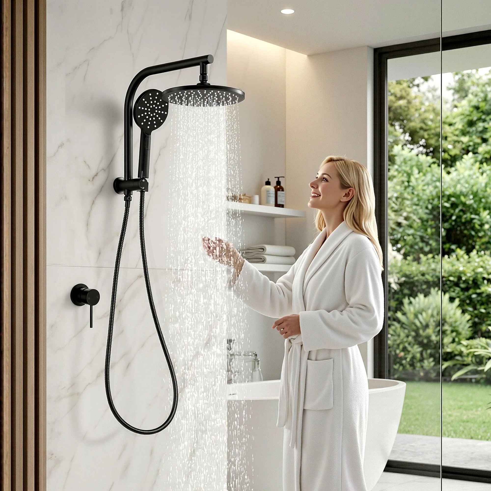8 Cefito 9'' Rain Shower Head Set Handheld Round High Pressure Mixer Tap Chrome - Black, 8 of 9
