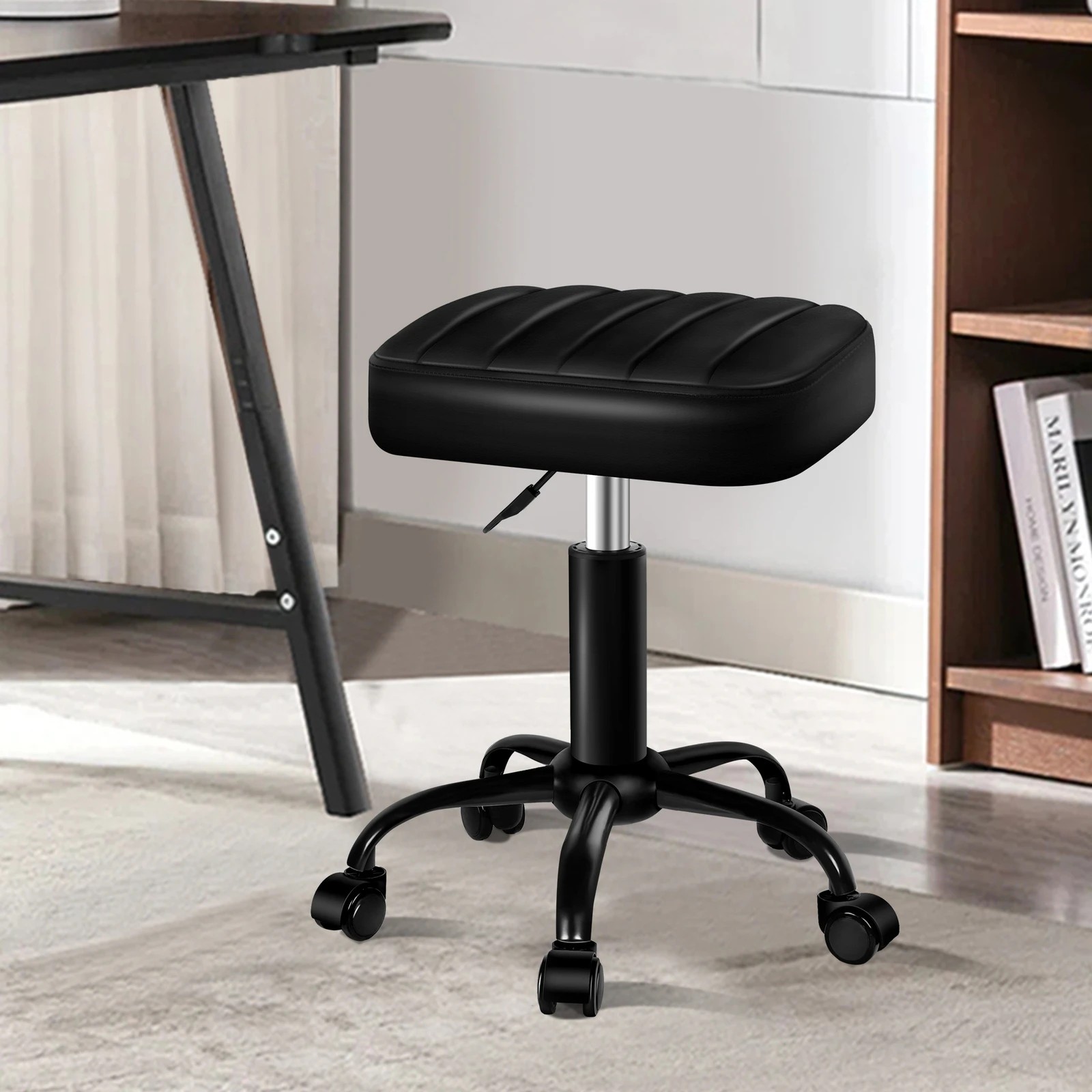 6 Alfordson 2x Salon Stool Square Swivel Barber Hair Chair - All Black, 6 of 10