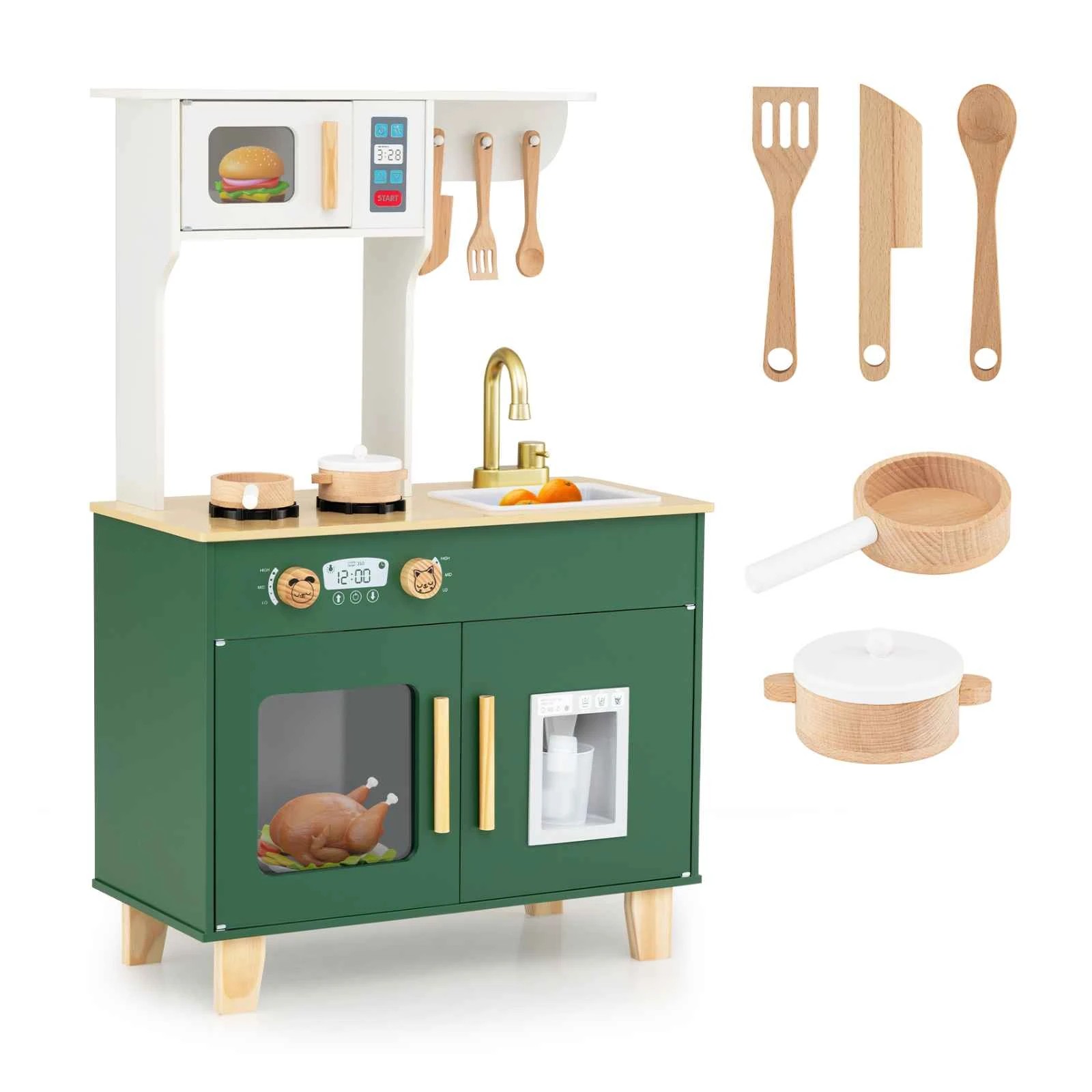 1 Costway Kitchen Playset Wooden Chef Pretend Play Kitchen Toy w/Microwave - Green, 1 of 1
