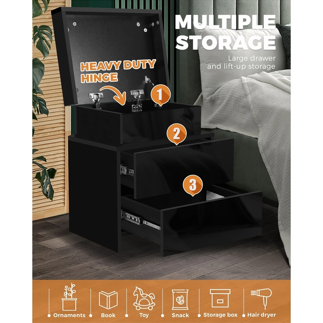 7 Oikiture Bedside Table Rgb Led Nightstand Cabinet 2 Drawers
 - Black, 7 of 10