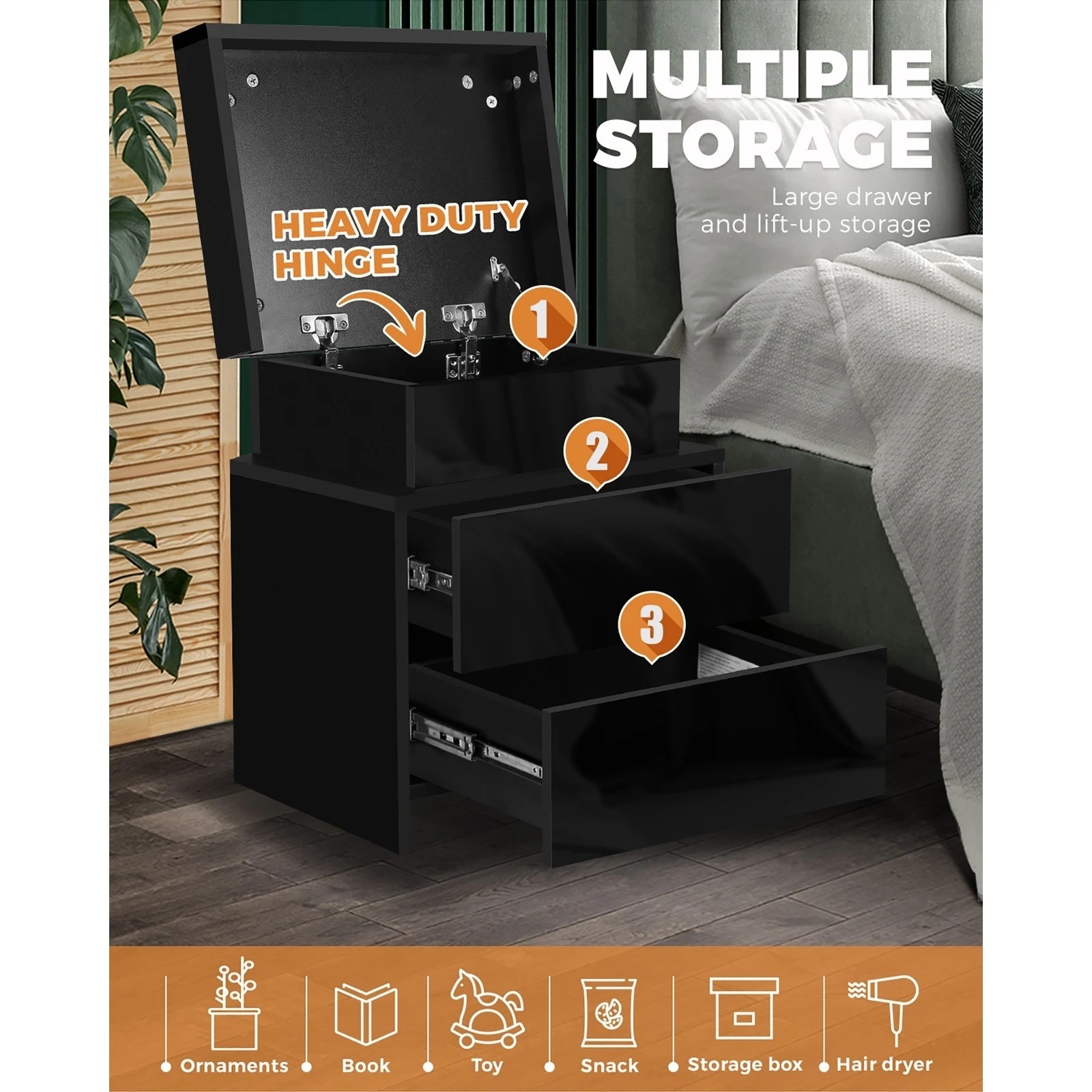 7 Oikiture Bedside Table Rgb Led Nightstand Cabinet 2 Drawers
 - Black, 7 of 10