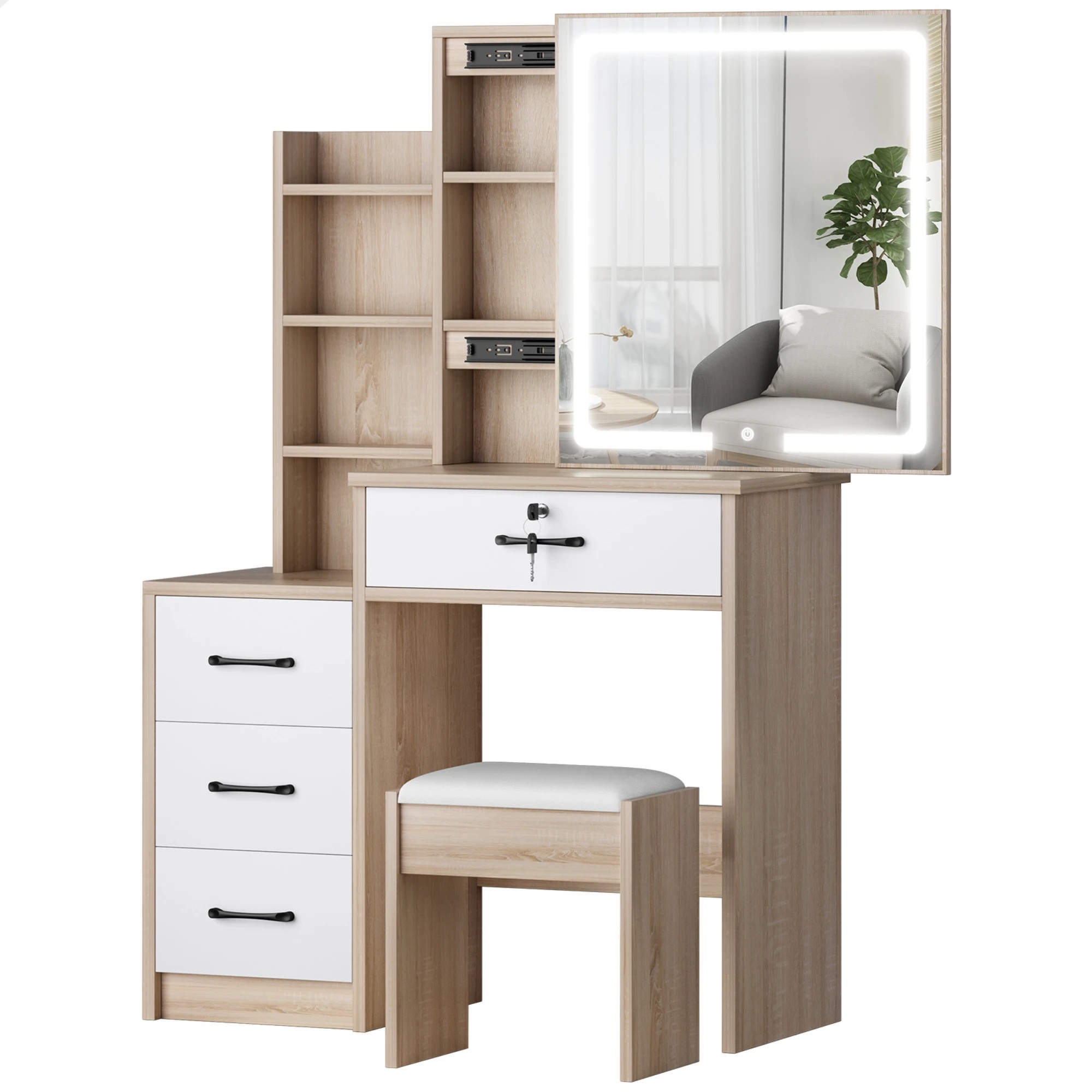 1 Alfordson Dressing Table Stool Set Makeup Mirror Vanity Desk Drawers - Wood, 1 of 10