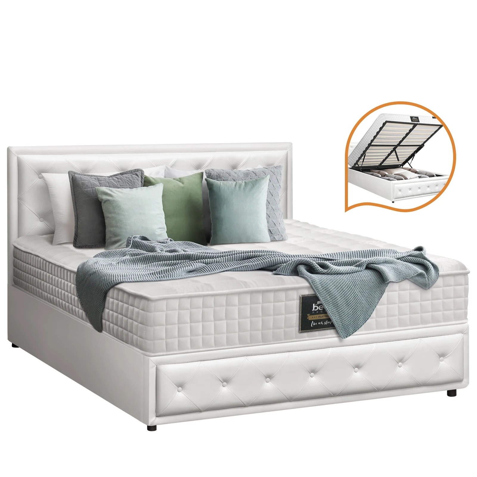 1 Oikiture Bed Frame Double Size Gas Lift Storage Beds With Mattress Set - White, 1 of 8
