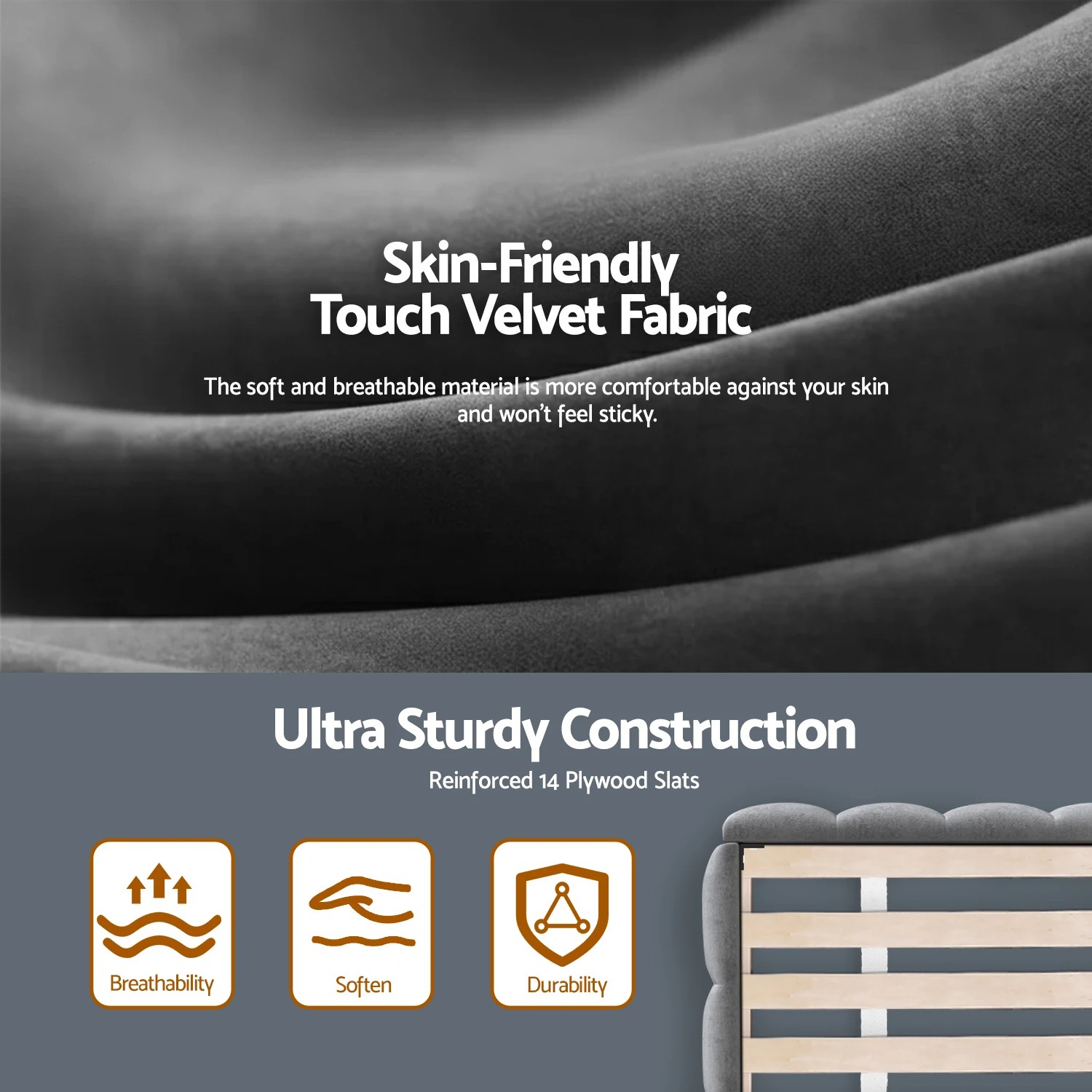 6 Artiss King Size Bed Frame Plush Soft Headboard Velvet Platform Base for Modern Bedrooms - Grey, 6 of 7