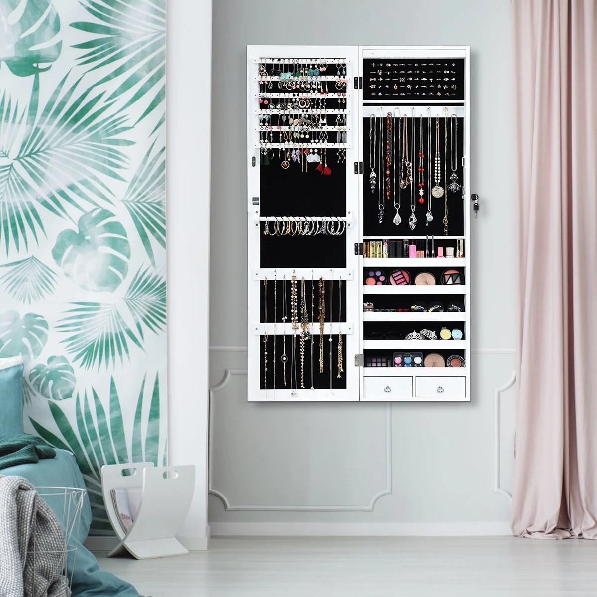 3 Costway Mirror Jewelry Cabinet LED Makeup Jewelry Storage Organiser Wall Mounted Storage Cabinet - White, 3 of 5