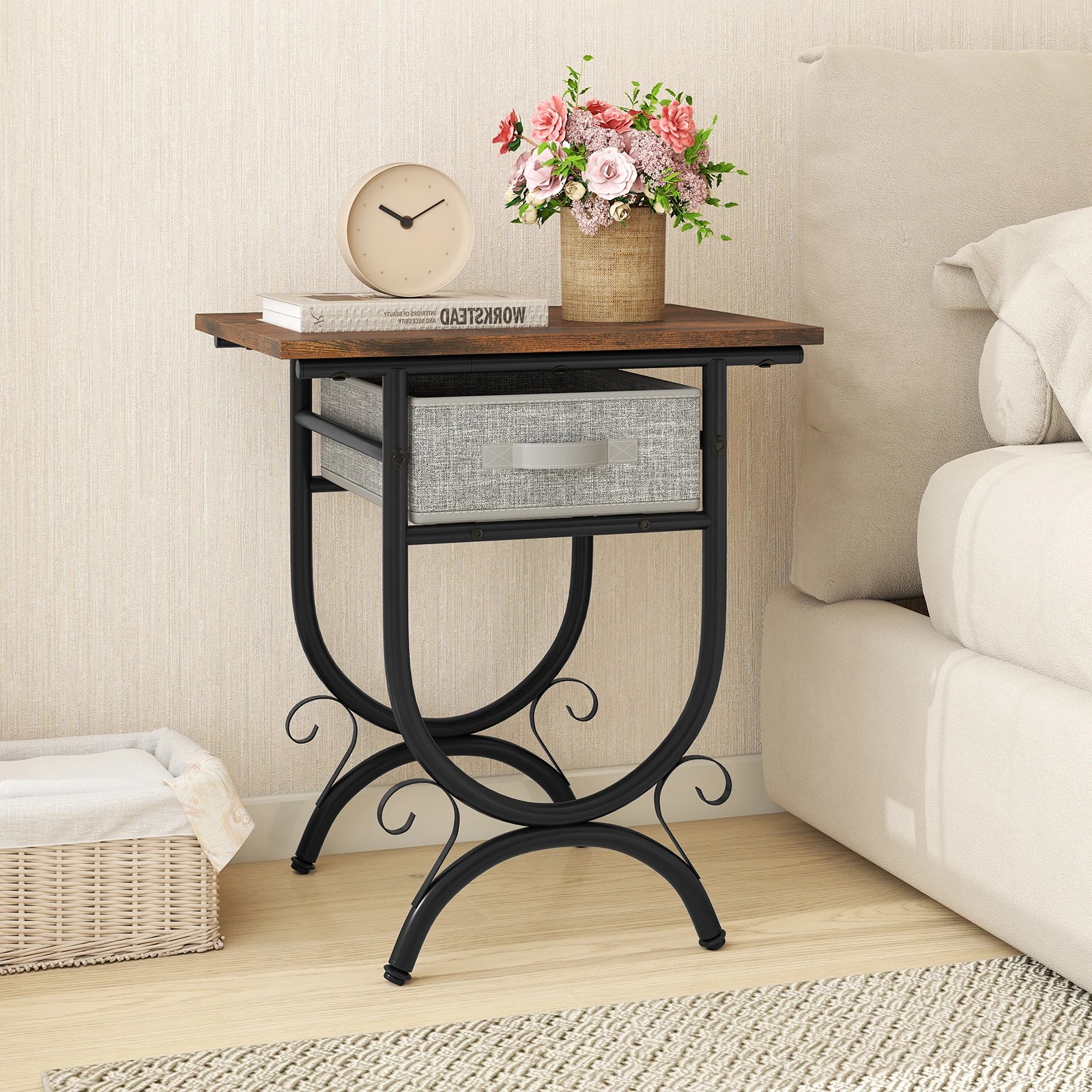 2 Costway Couch Side Table w/Fabric Drawer & Carved Metal Frame Compact Bedside End Table, 2 of 4