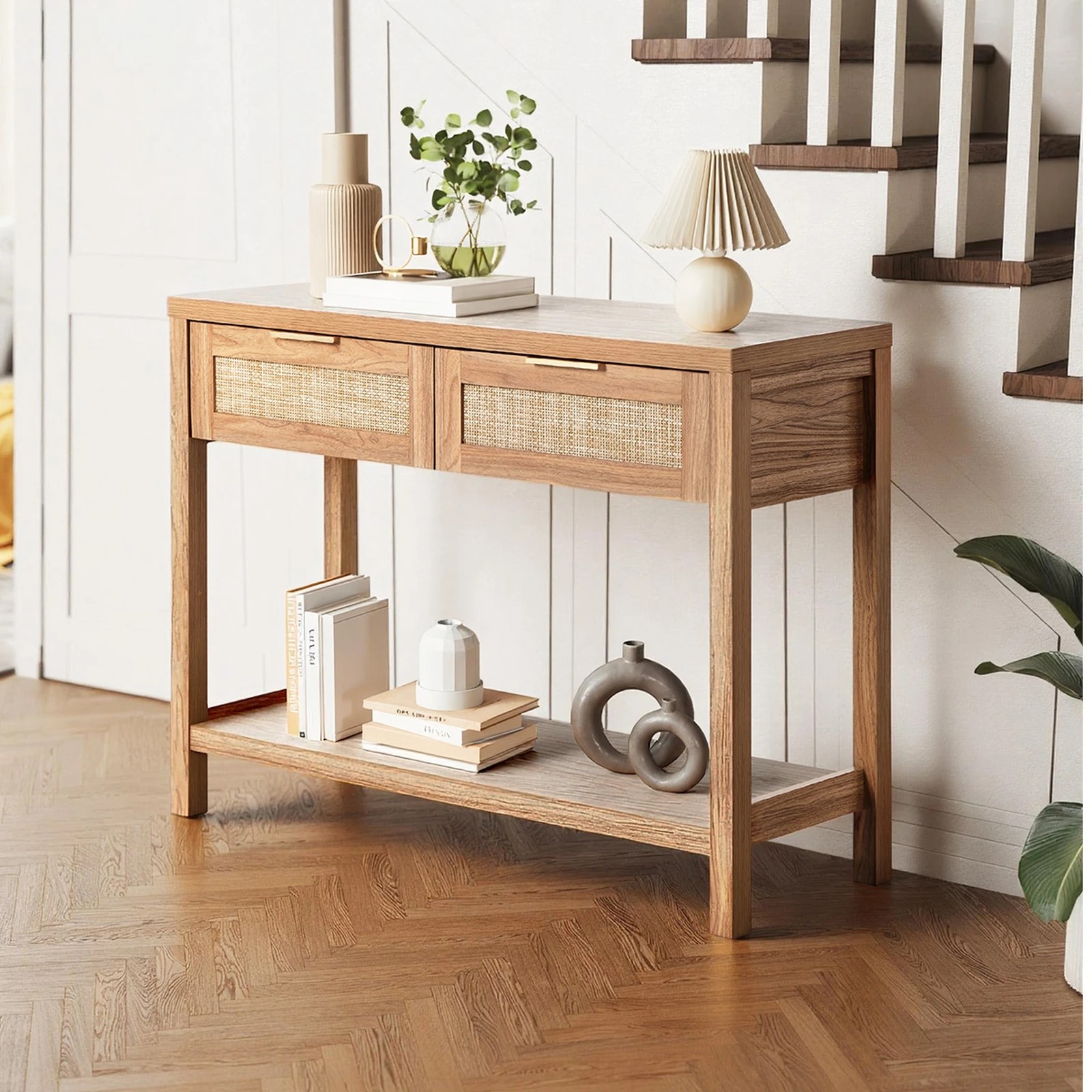 4 Oikiture Console Table 2 Drawers Entry Table Hallway Display Shelf - Natural, 4 of 10