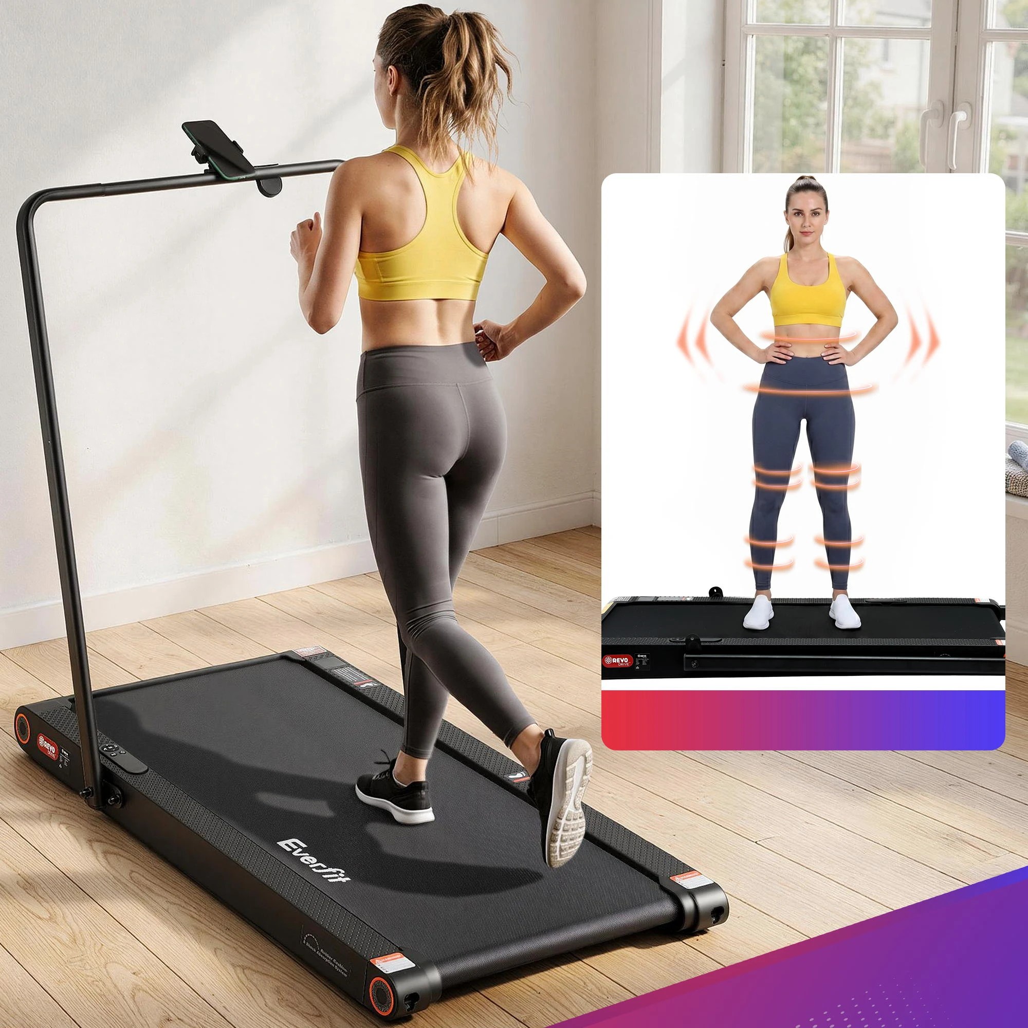 3 Everfit 4 in 1 Vibration Walking Pad Treadmill Under Desk Treadmills for Home Gym with App Control - Black, 3 of 4