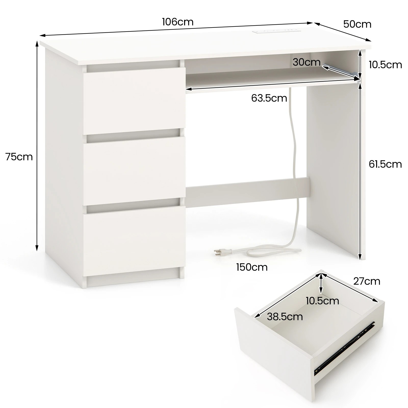 2 Costway 3 Drawers Computer Desk w/Power Outlet Home Office Workstation, 2 of 2