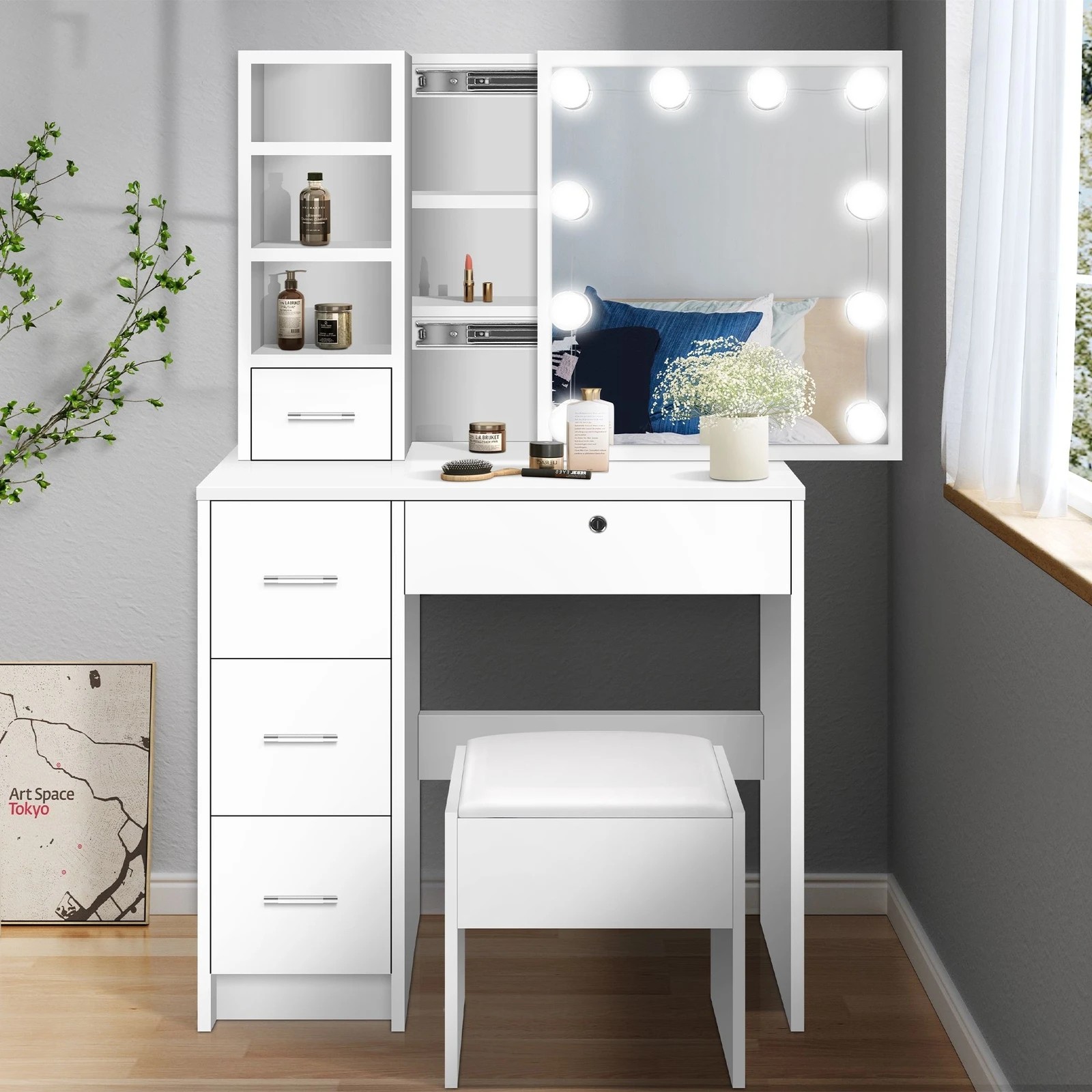 8 Alfordson Dressing Table Stool Set Makeup Vanity Desk LED 10 Bulbs - White, 8 of 10