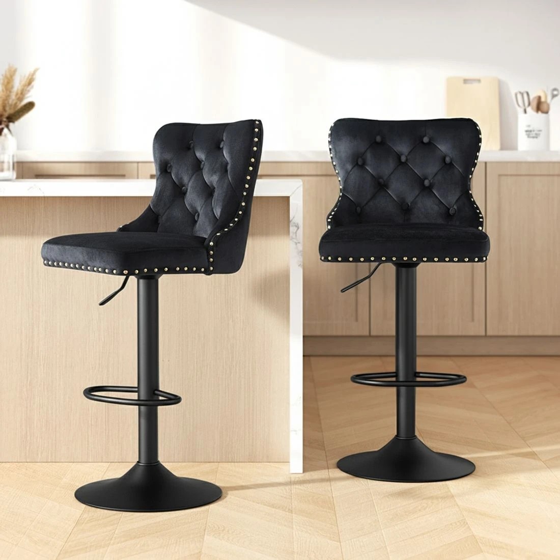 3 Artiss 2x Velvet Bar Stool Adjustable Height Nailhead Trim Kitchen Counter Stool - Black, 3 of 5