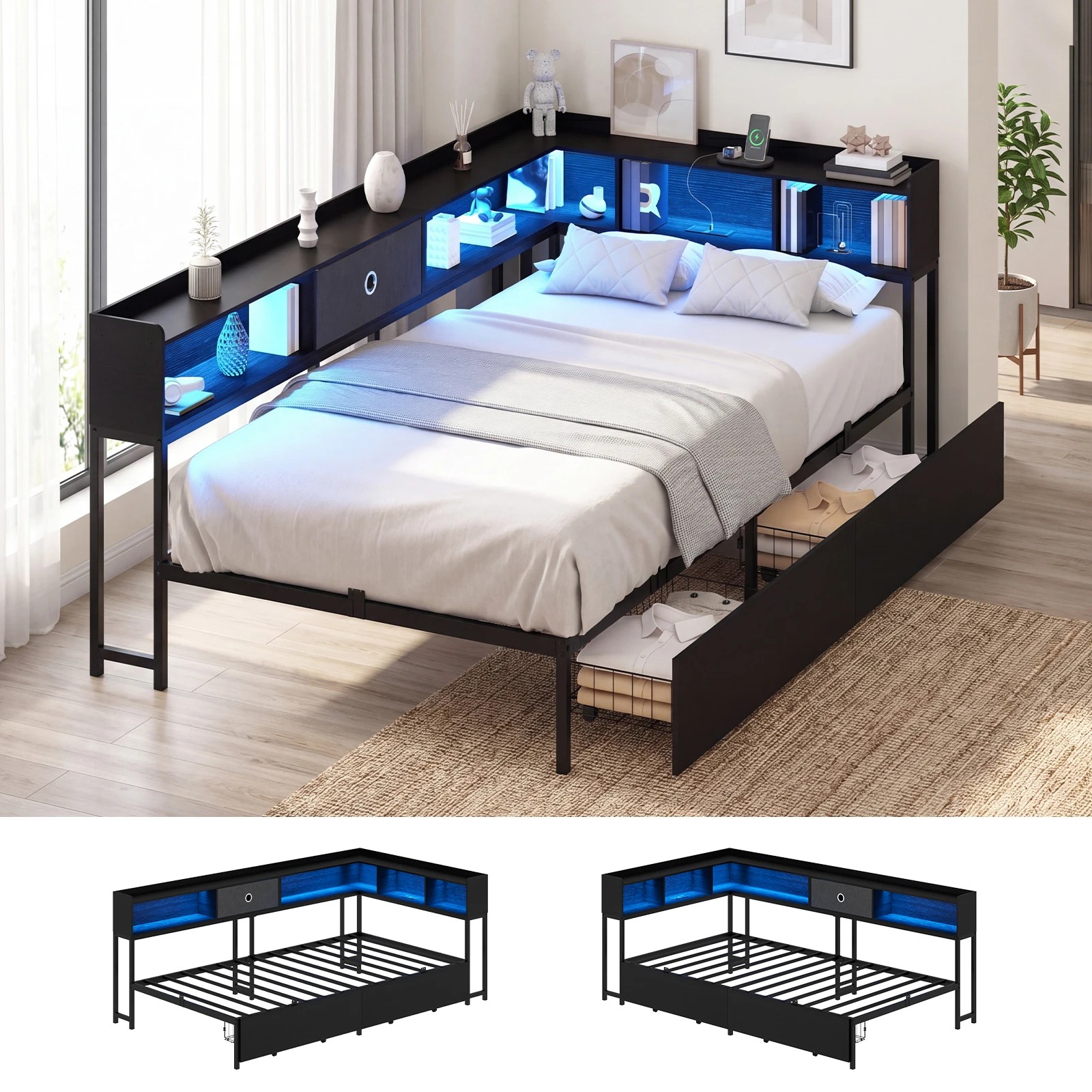 2 Advwin King Single Corner Bed Frame with Storage Drawers, Charging Station and LED Lights - Black, 2 of 10