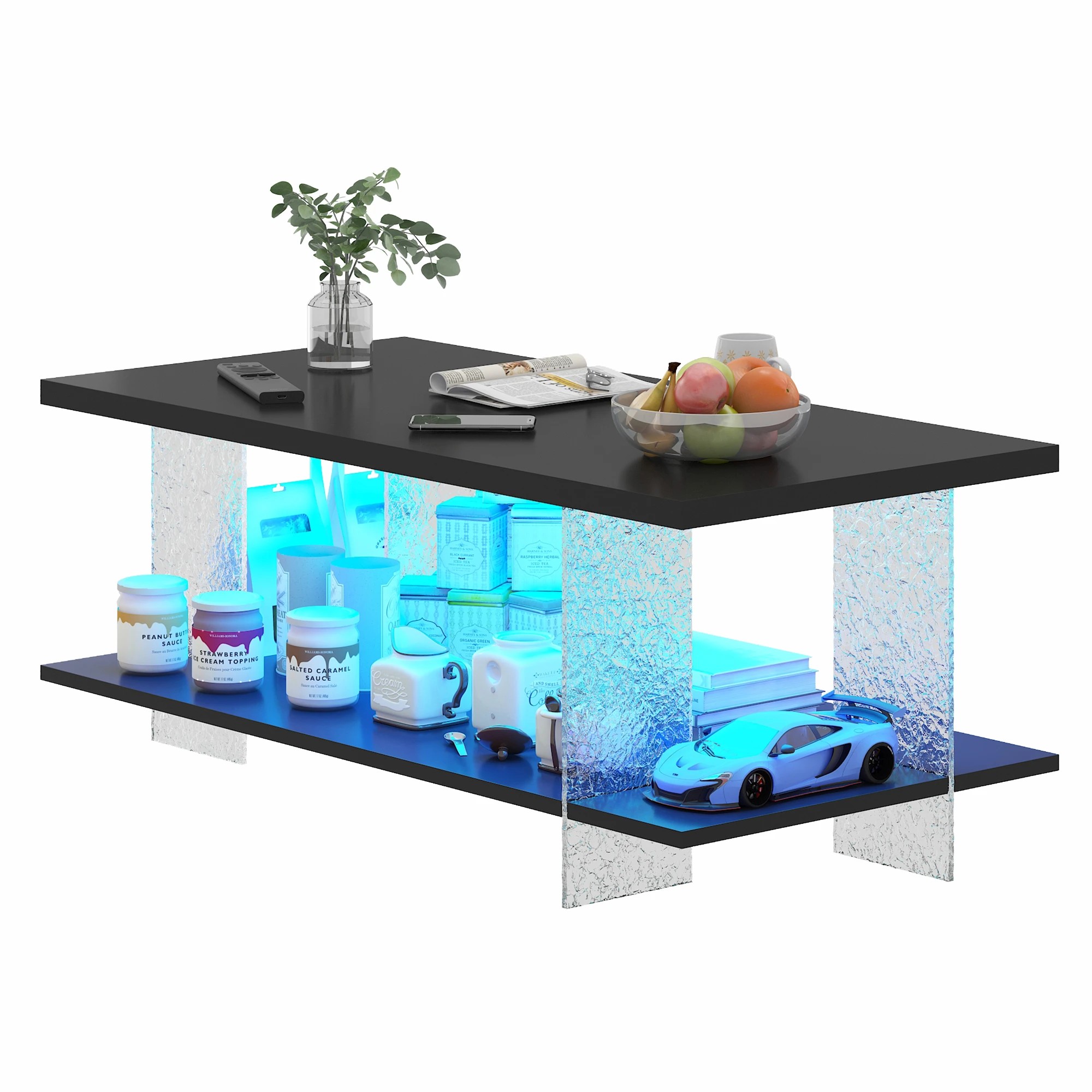 6 Advwin 95cm LED Coffee Table w/ Acrylic Frame & Open Display Shelf - Black, 6 of 8