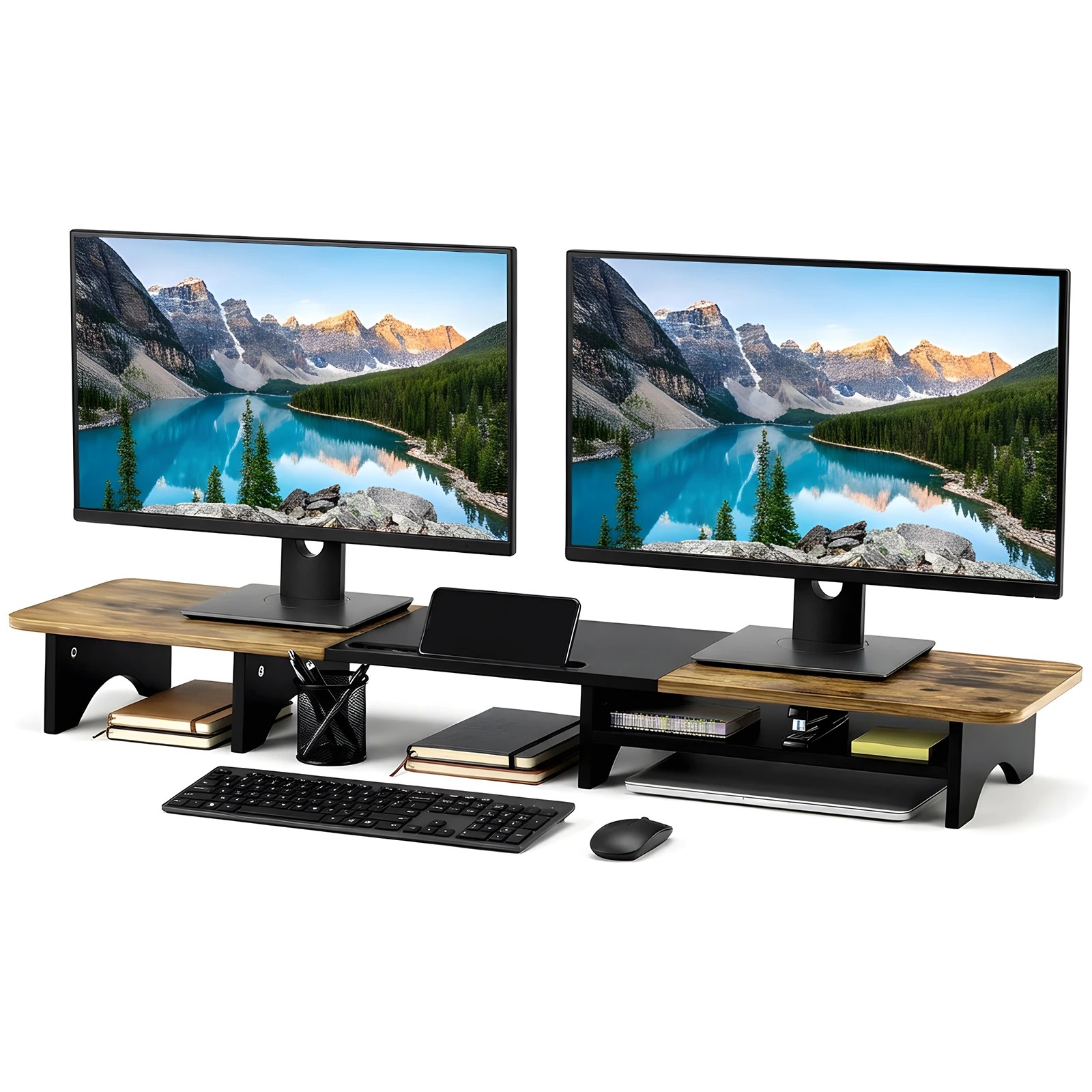 1 Advwin 100cm Dual Monitor Stand Riser Wood Desktop Organizer with Storage Space, 1 of 9