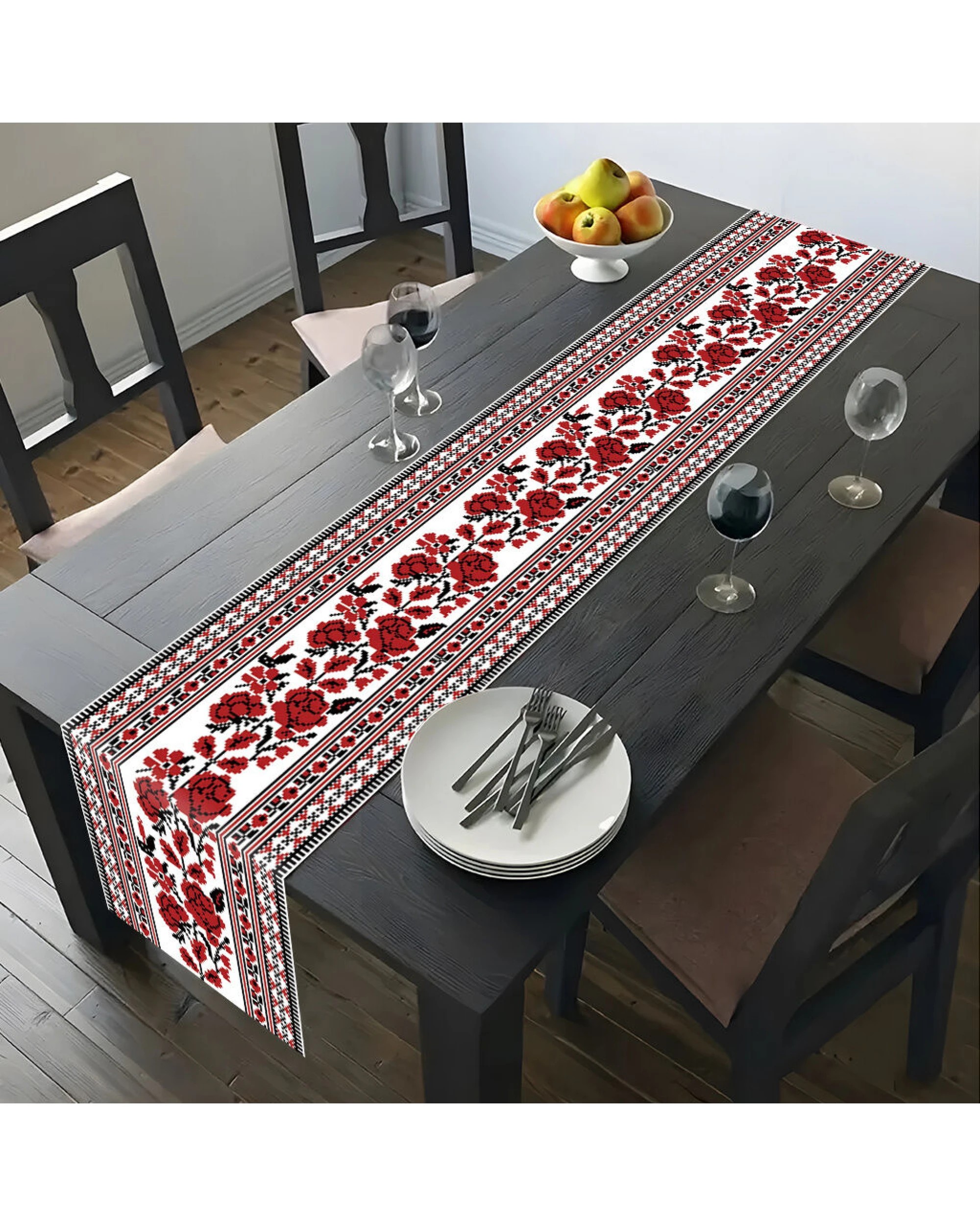 3 BR Home Ukrainian Table Runner – Folk Traditional Print in White, Black & Red (180x35cm), 3 of 7