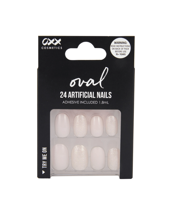 OXX Cosmetics 24 Pack Artificial Nails with Adhesive - Oval Shape, Pink Shimmer