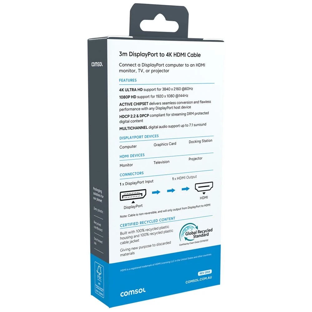 3 Comsol DisplayPort to HDMI Cable 4K 3m Black, 3 of 4