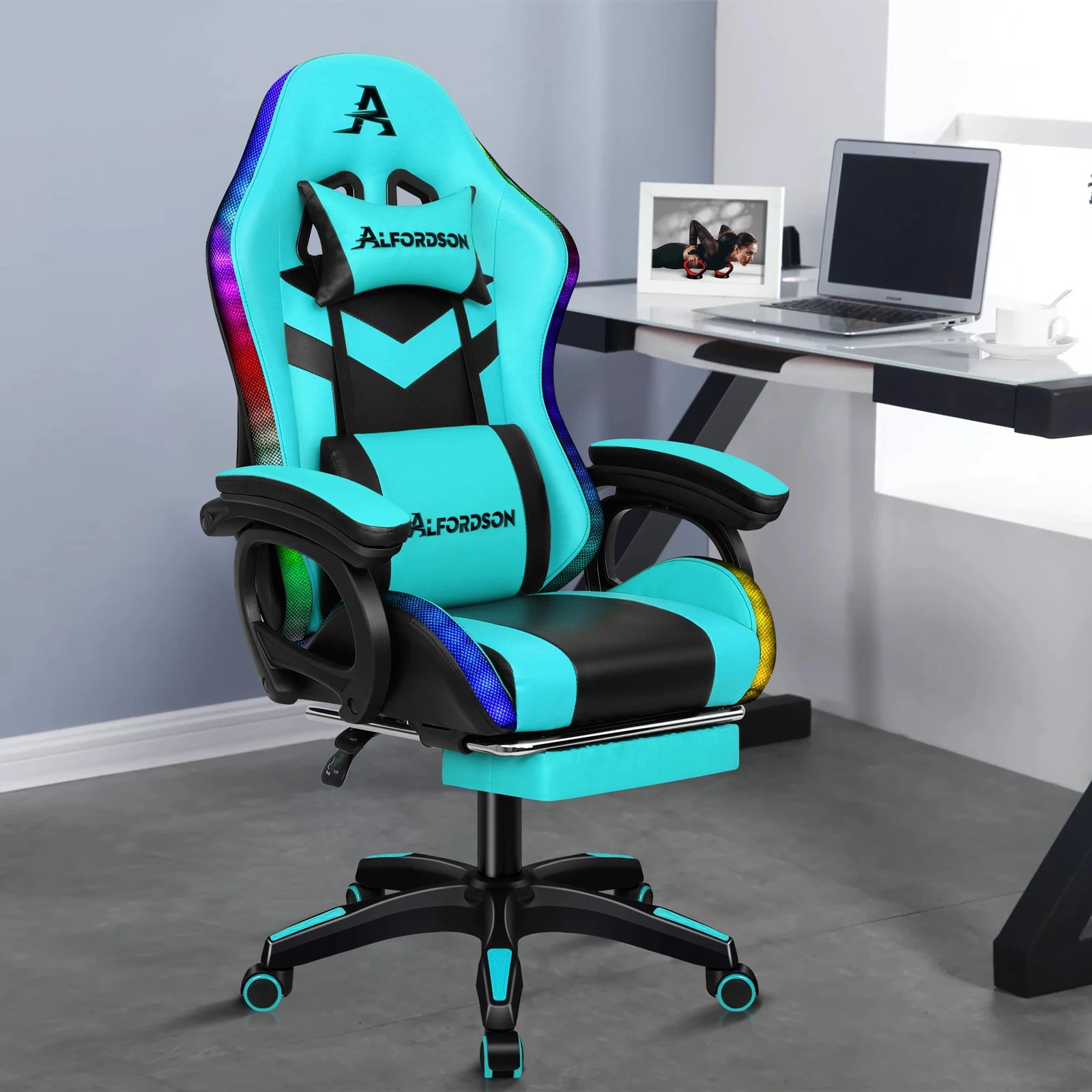 2 Alfordson Gaming Office Chair 12 RGB LED Massage Computer Seat Footrest - Cyan Black, 2 of 10