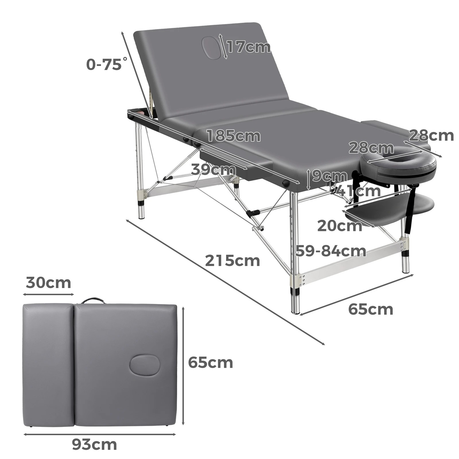 4 Alfordson Massage Table 3 Fold Aluminium Portable Massage Table PU Leather 65cm - Grey, 4 of 4