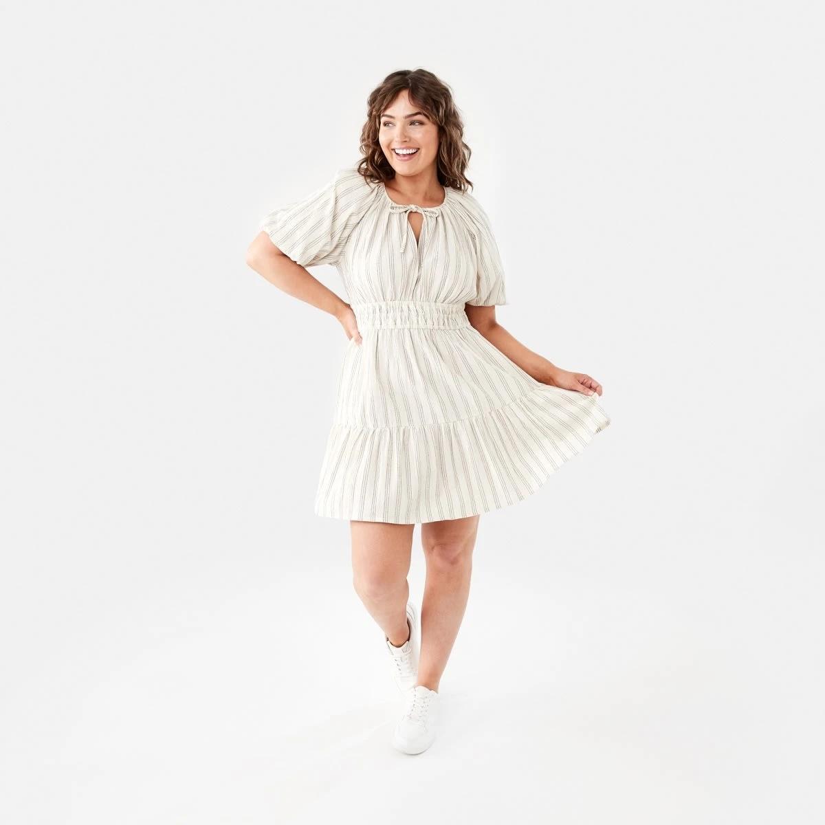 11 Short Sleeve Shirred Waist Mini Dress TRIPPLE STRIPE NATURAL BEIGE, 11 of 11