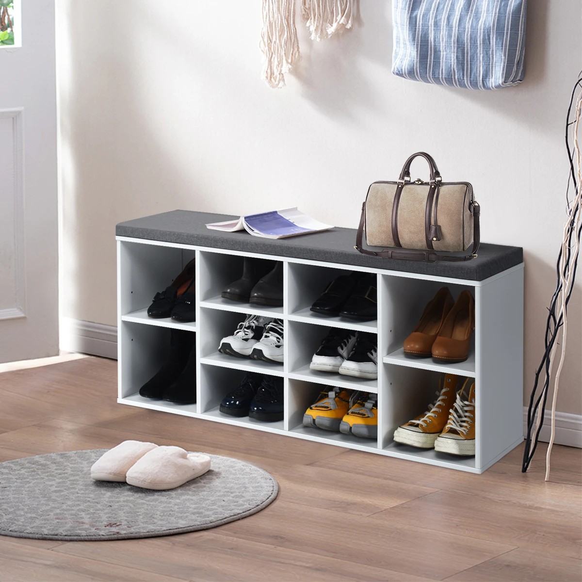 3 Costway Shoe Cabinet Bench Shoe Storage Rack Organizer Shelf Cupboard Box w/Padded Seat - White, 3 of 4