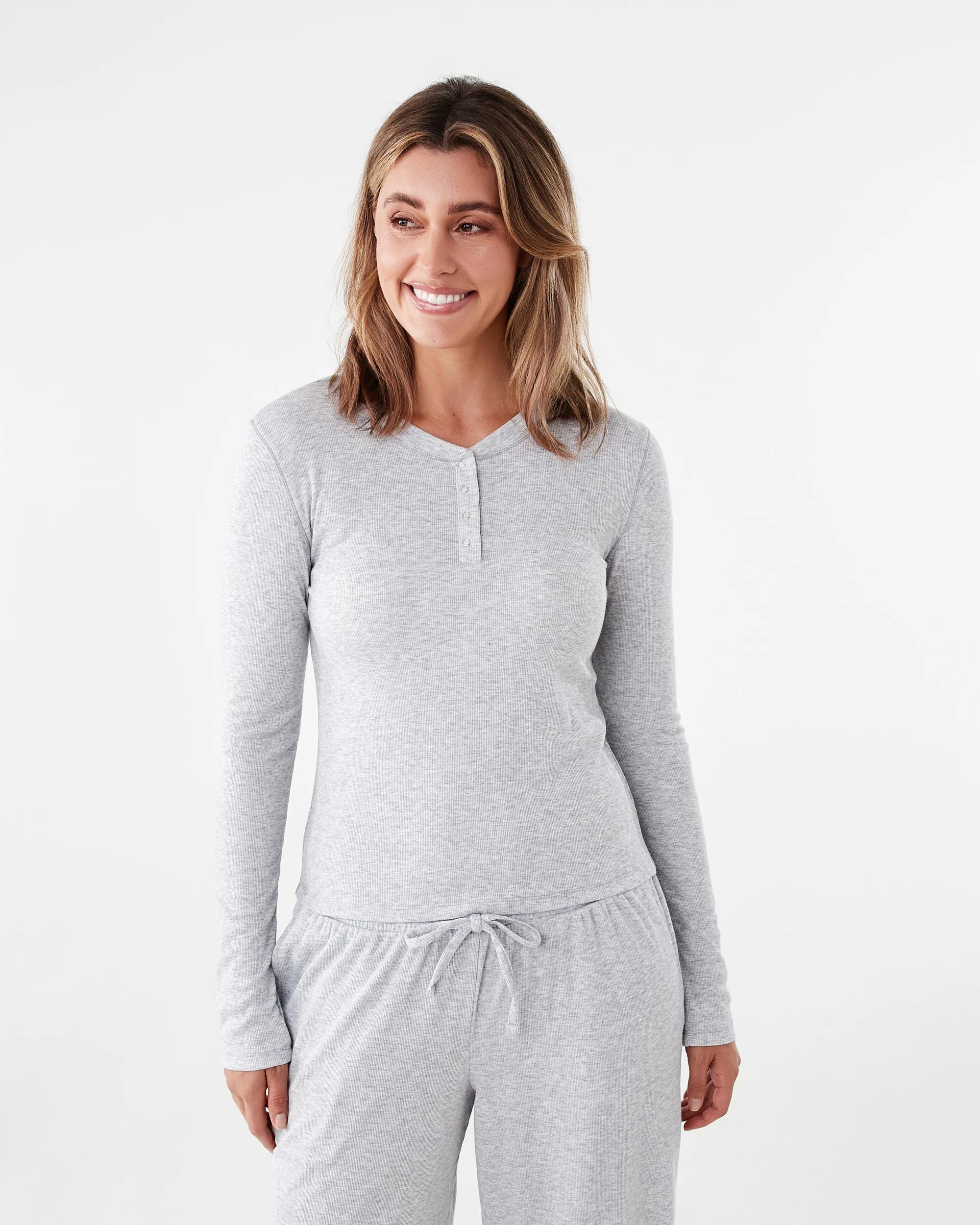 1 Long Sleeve Comfort Ribbed Henley Top Slvr Marle, 1 of 6