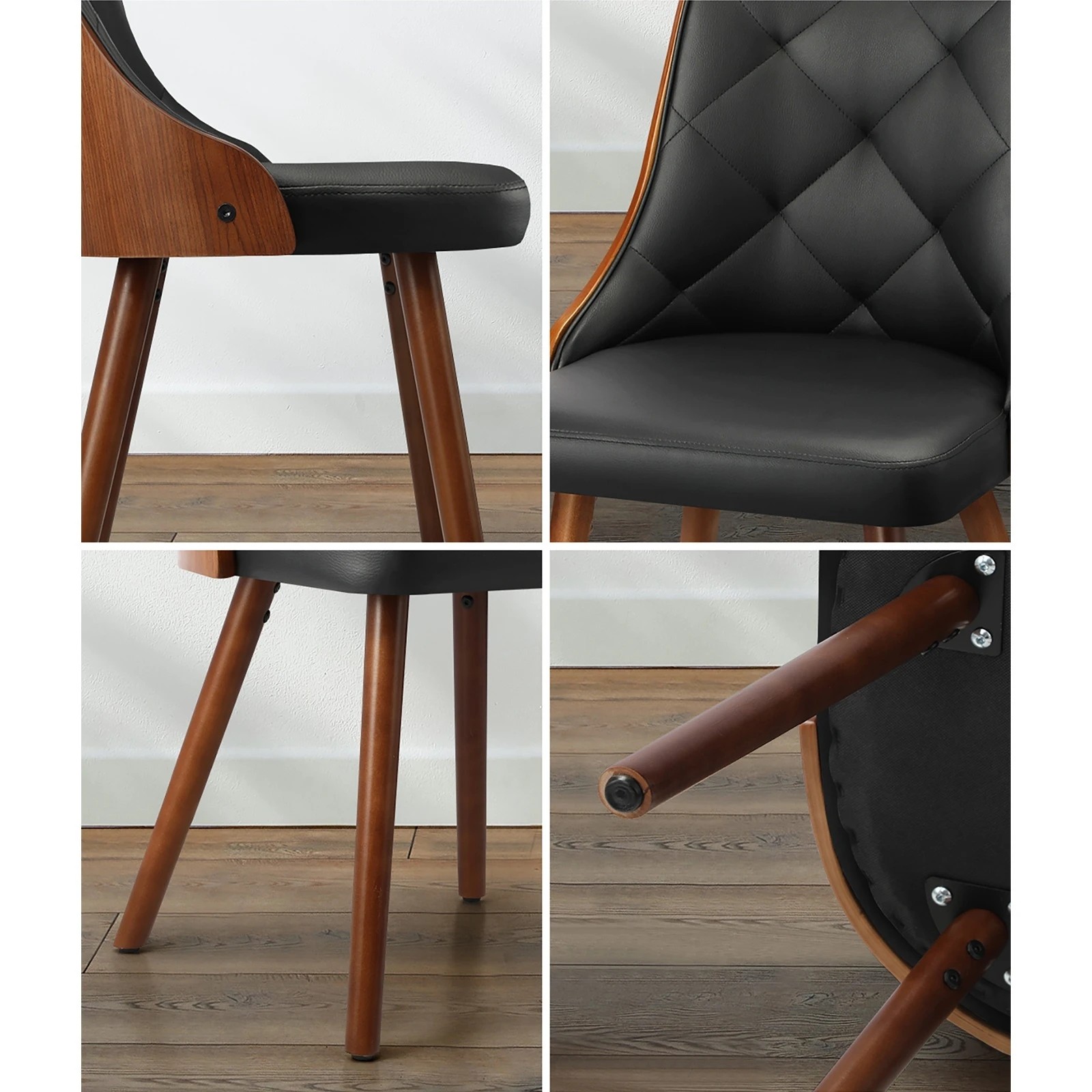 4 Oikiture 4x Dining Chairs Wooden Chair Kitchen Cafe Faux Leather Padded - Black, 4 of 9